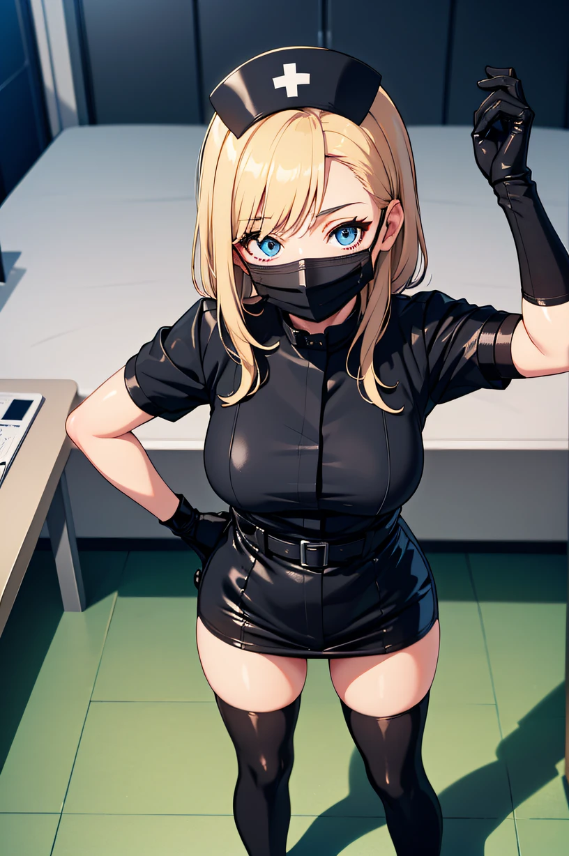 black nurse, 1girl, black nurse cap, black wear, ((black legwear, zettai ryouiki)), black elbow gloves, blonde hair, blue eyes, ((black surgical mask, covered nose)), standing, ((surgery room)), sharp outline, short sleeves, best quality, masterpiece