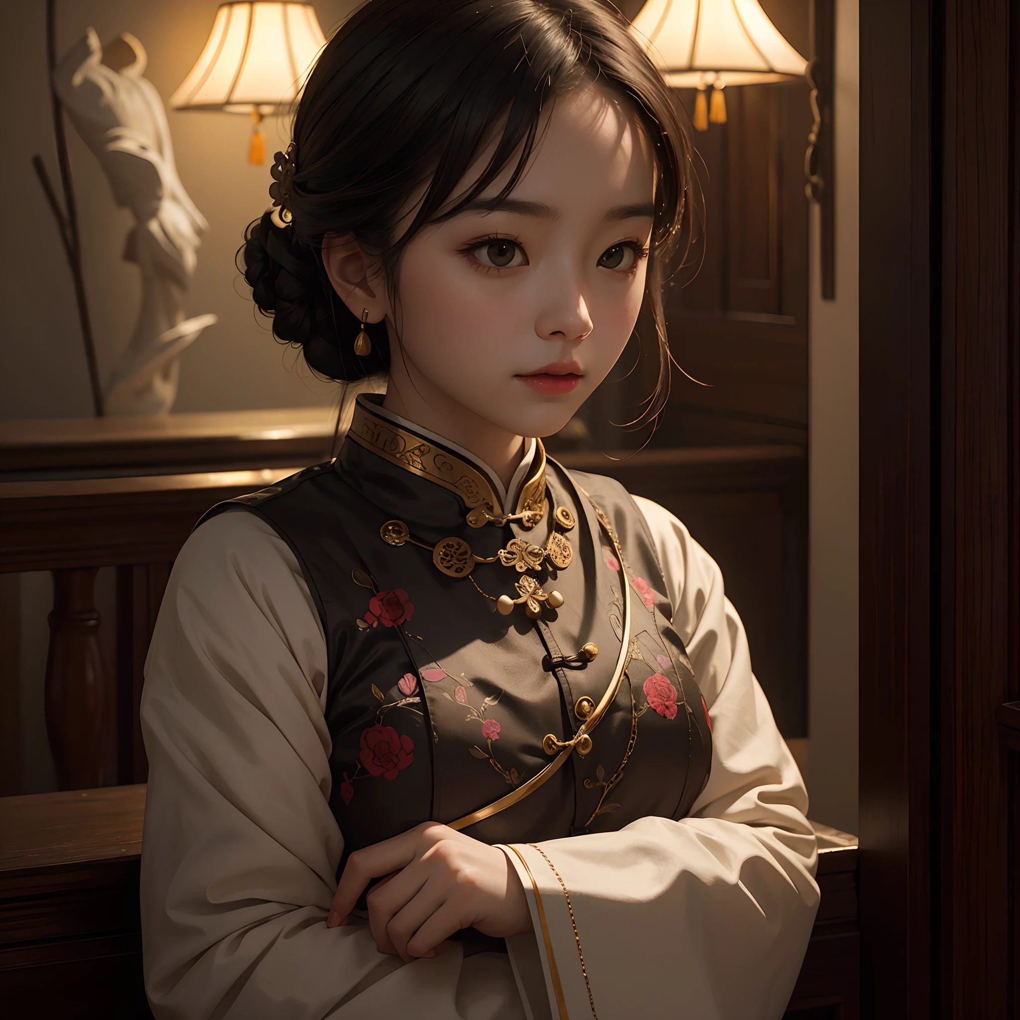 From movie stills, depth of fields, Piece of art, masutepiece, Super Detail, High quality, awardwinning, 8K, Photorealistic, girl, Solo, In Traditional Chinese Studies, historic, Portrait Style, At night, Beautiful lighting, Elegant