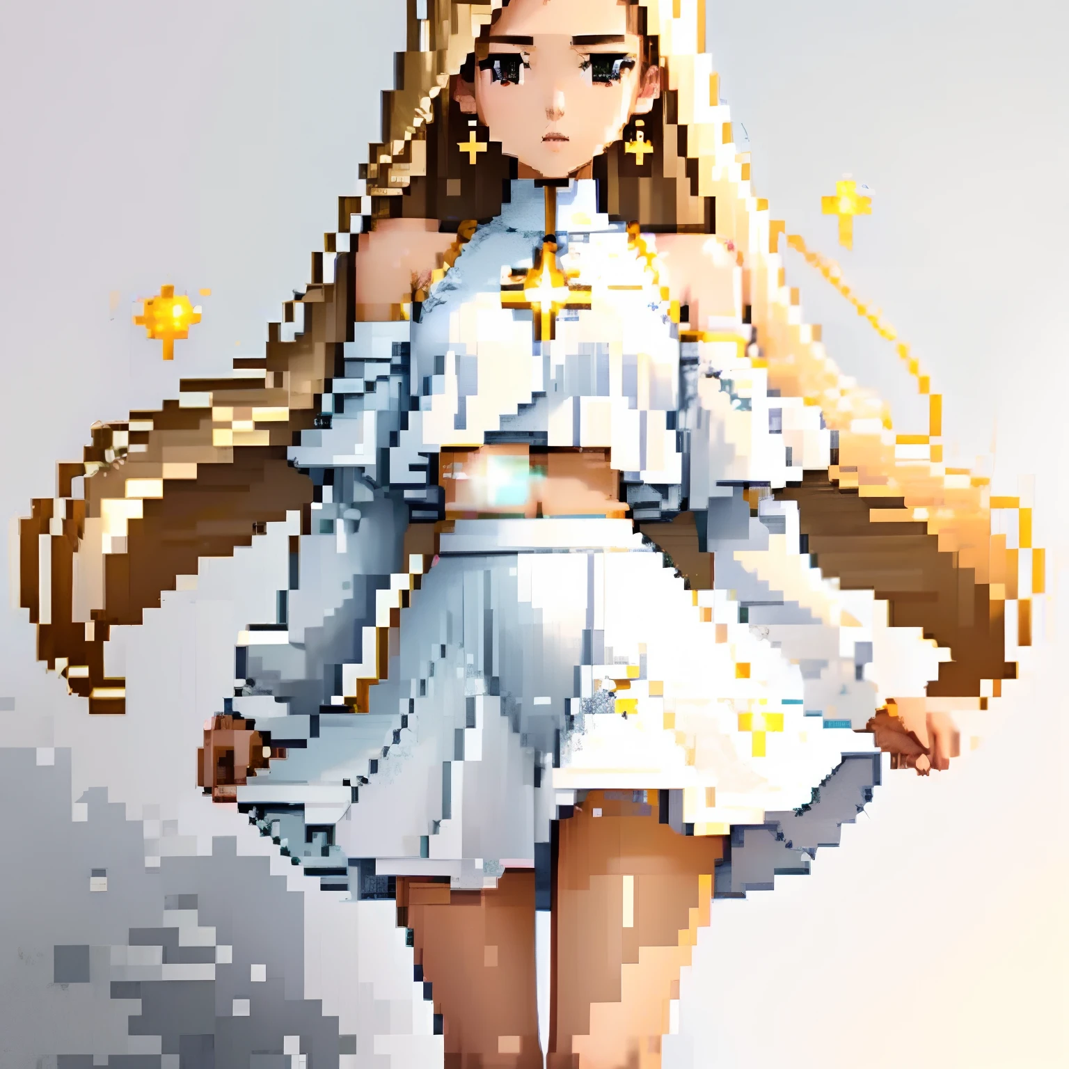arte conceitual, fundo branco, full body from neck down, 1 girl, cabelos dourados longos e ondulados, top cropped branco de manga comprida, colar de estrelas, Gold short skirt and full white pants, 17 anos, extremamente bonito, elegante e determinado