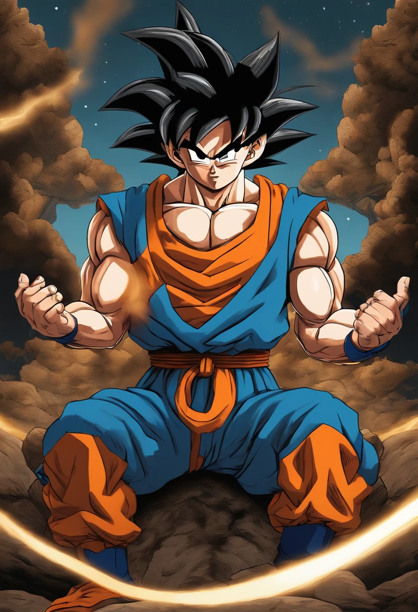 son goku dans l'espace contre une marsienne blonde au yeux bleu assise sur son goku