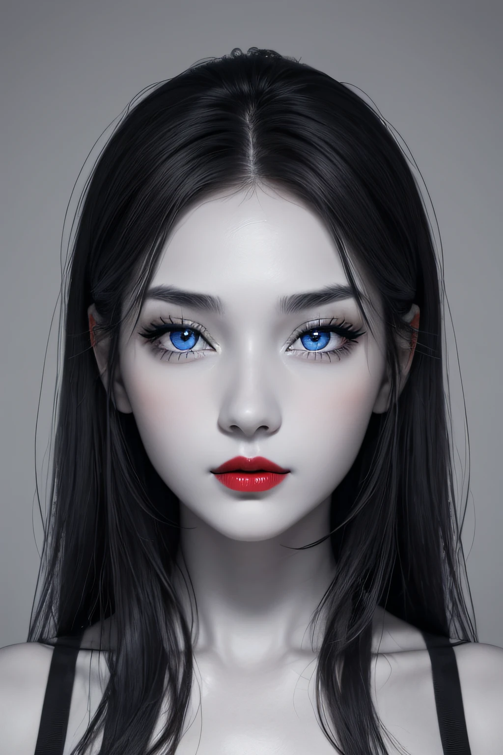 24 years old girl face, fully grey skin, black hair, grey skin, full monochrome picture except eyes and lips, blue eyes, bright red lips, grey skin, grey background