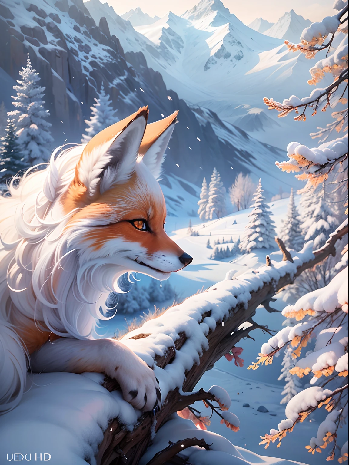 Great view of the snowy mountains,Natural beauty,Beautiful and dreamy picture,Many trees,Frozen tree,crystal-clear。red fox:1.1。Cute white fox under snowy mountains, very very beautiful furry art, ethereal fox, White fox, 8K high quality detailed art, 4K detailed digital art, 4k highly detailed digital art, art of silverfox, Beautiful digital artwork, furry fantasy art, Cute detailed digital art, Beautiful art UHD 4 K, Arte conceitual de inverno