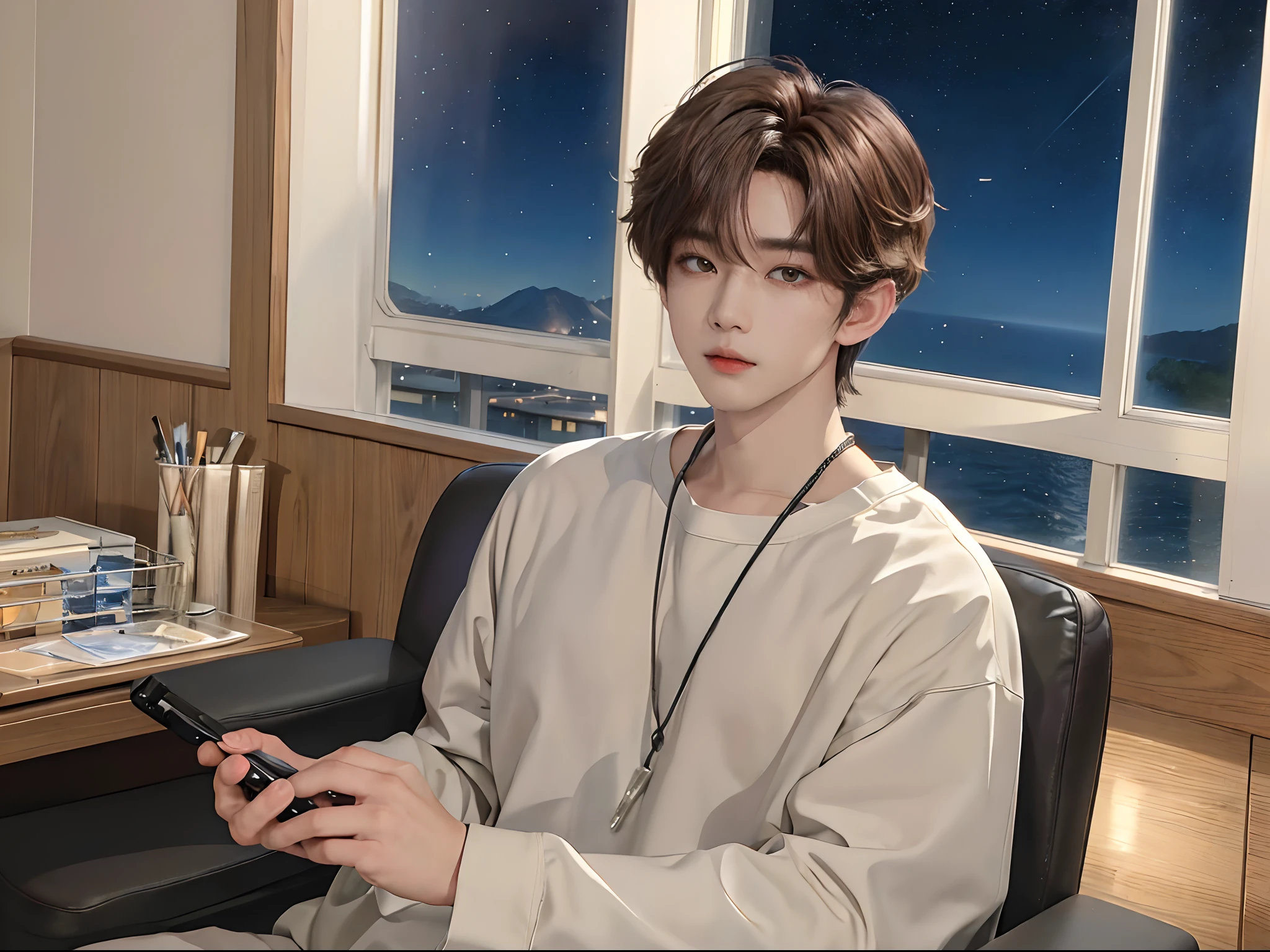 ((4K))、masterpiece、(top-quality)、((high-level image quality))、One Manly Boy、((Fashionable men's personal wear))、(Detailed beautiful eyes)、Stylish homeroom at night with a view of the night sky from the window、Take a selfie while sitting in a gaming chair in front of your PC、Face similar to Chaewon in Ruseraphim、((short hair above the ears))、((Smaller face))、((Neutral face))、((Light brown eyes))、((Korean boy))、((18year old))、((Handsome man))、((Wild look))、((Korean Makeup))、((elongated and sharp eyes))、((During game streaming))、((Upper body photography))