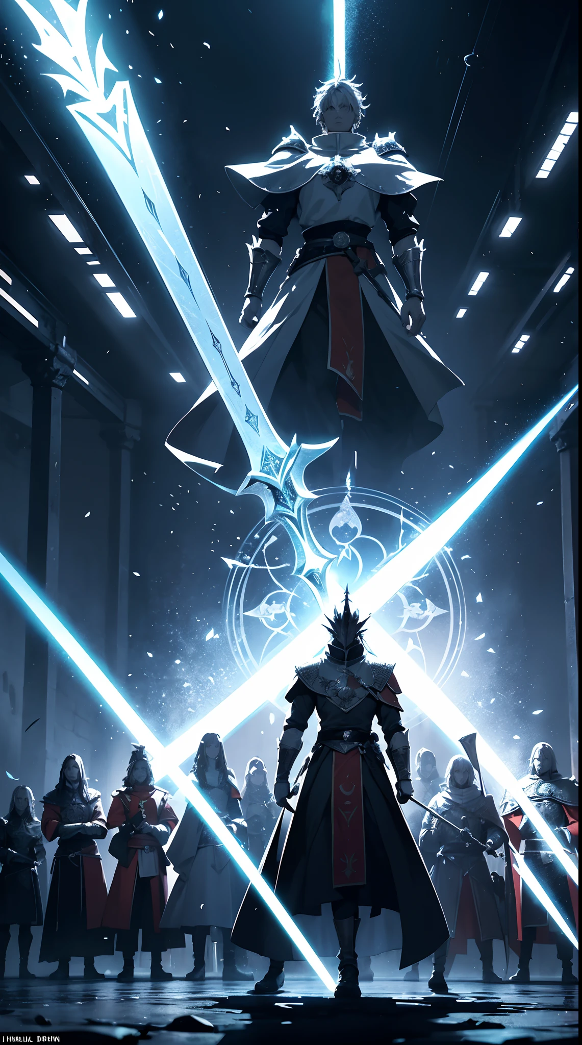 Ten knights of the round table are holding their swords facing upwards, the round table has a fire dragon aura effect symbol,On the round table is the excalibur sword, the background is in a kingdom with a round table.hd light and dark, balance rendering, dark atmosphere with bright particle light