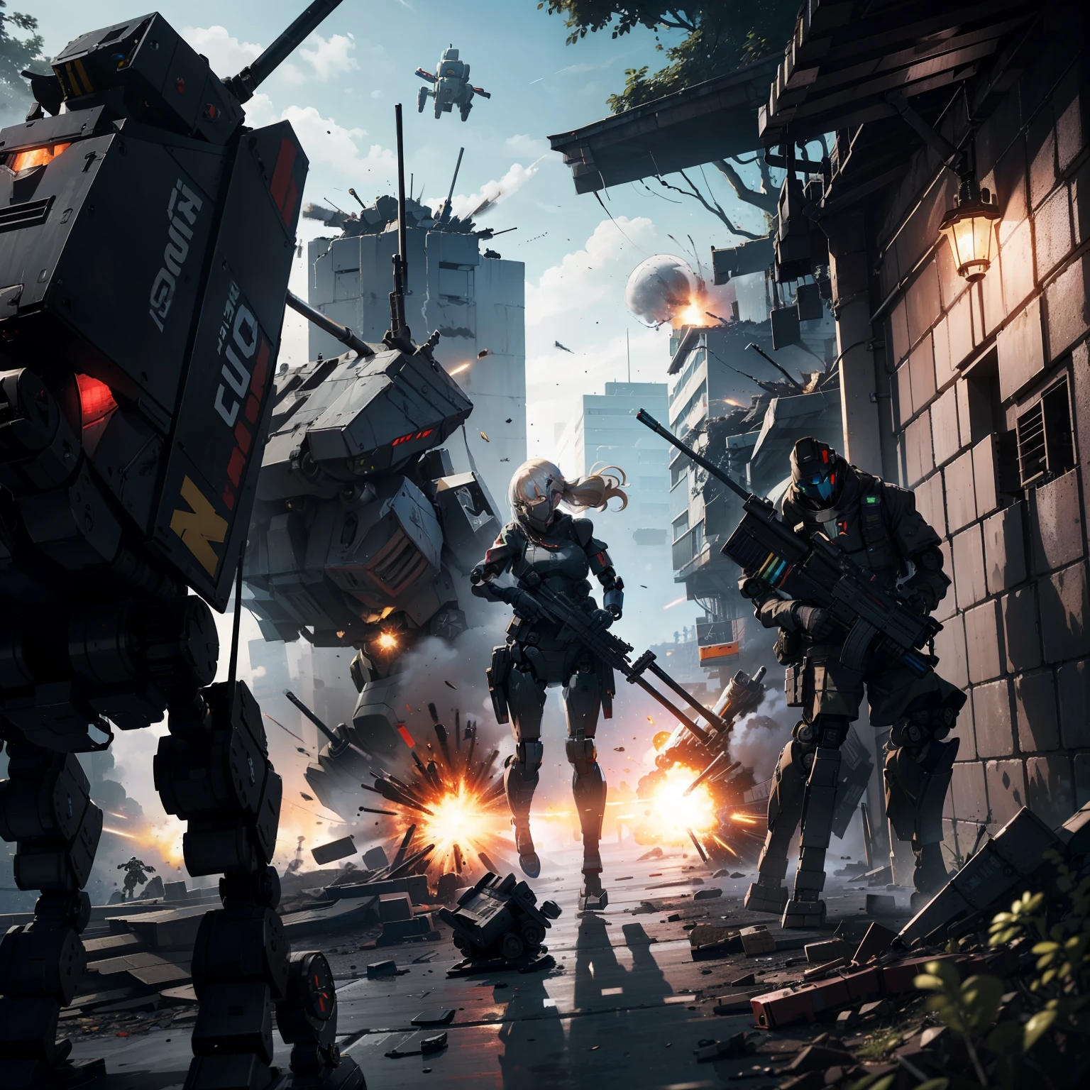 (Female soldier with strong body)、(((Shoot machine guns to destroy enemy robots:1.4)))、1 Female 1 Robot、(Black combat uniform)、(platinum-blonde-hair:1.2)、Have multiple weapons、Running through the rubble、((超A high resolution))、Detail Write、masterpiece、top-quality、extremely details CG、8K picture quality、Cinematographic lighting、lensflare、(Night combat)、((From the inside of the building to the outside))、Hyper-detailing、Android wreckage、cowboy shot:1.4、From diagonally above 、(HK416)、turned around、Detailed firearm depiction、Firearms with perfect detail、Long barrel without distortion、As I ran