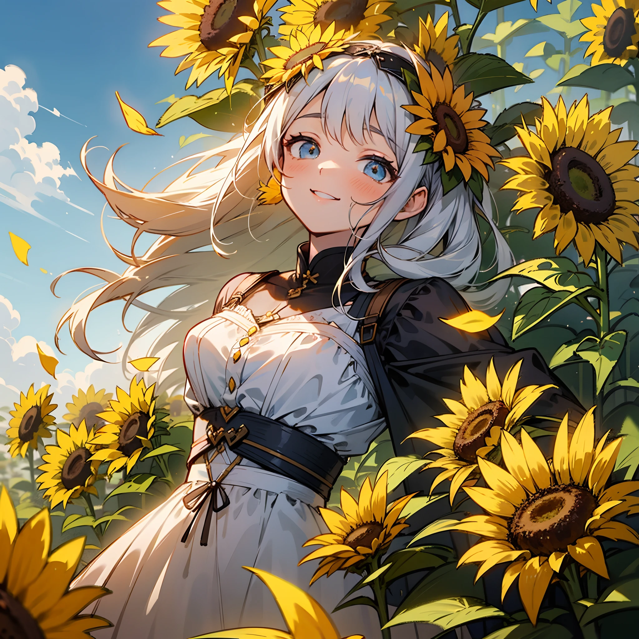There is a lovely girl surrounded by sunflowers. She is wearing a beautiful dress with a small corolla on her head. Her eyes are big and bright, and her smile is bright. The girl's arms stretched out to the sky, and she seemed to be interacting with the sun. The sunflowers bloom with yellow and orange petals around the girl. The whole picture is full of vitality and happiness, bringing people a feeling of warmth and pleasure. --auto --s2