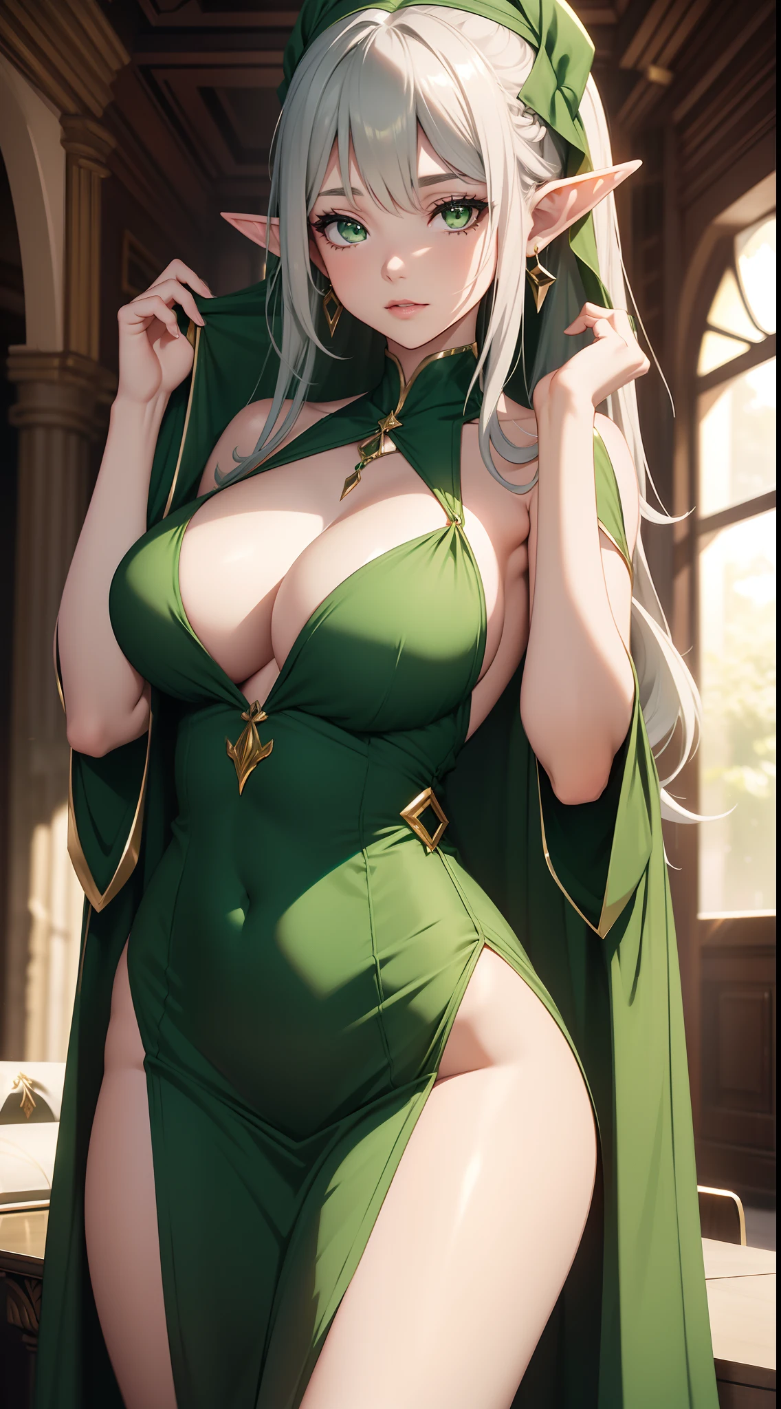 Grown-up girl, long silver hair, elf ears, green eyes, large breasts, green lipstick, green dress, open dress, open breasts, sleeveless, sexy, erotic dress, transparent dress, princess, gold elements, hands up, Masterpiece, hiquality, 4k, HD, Good detail