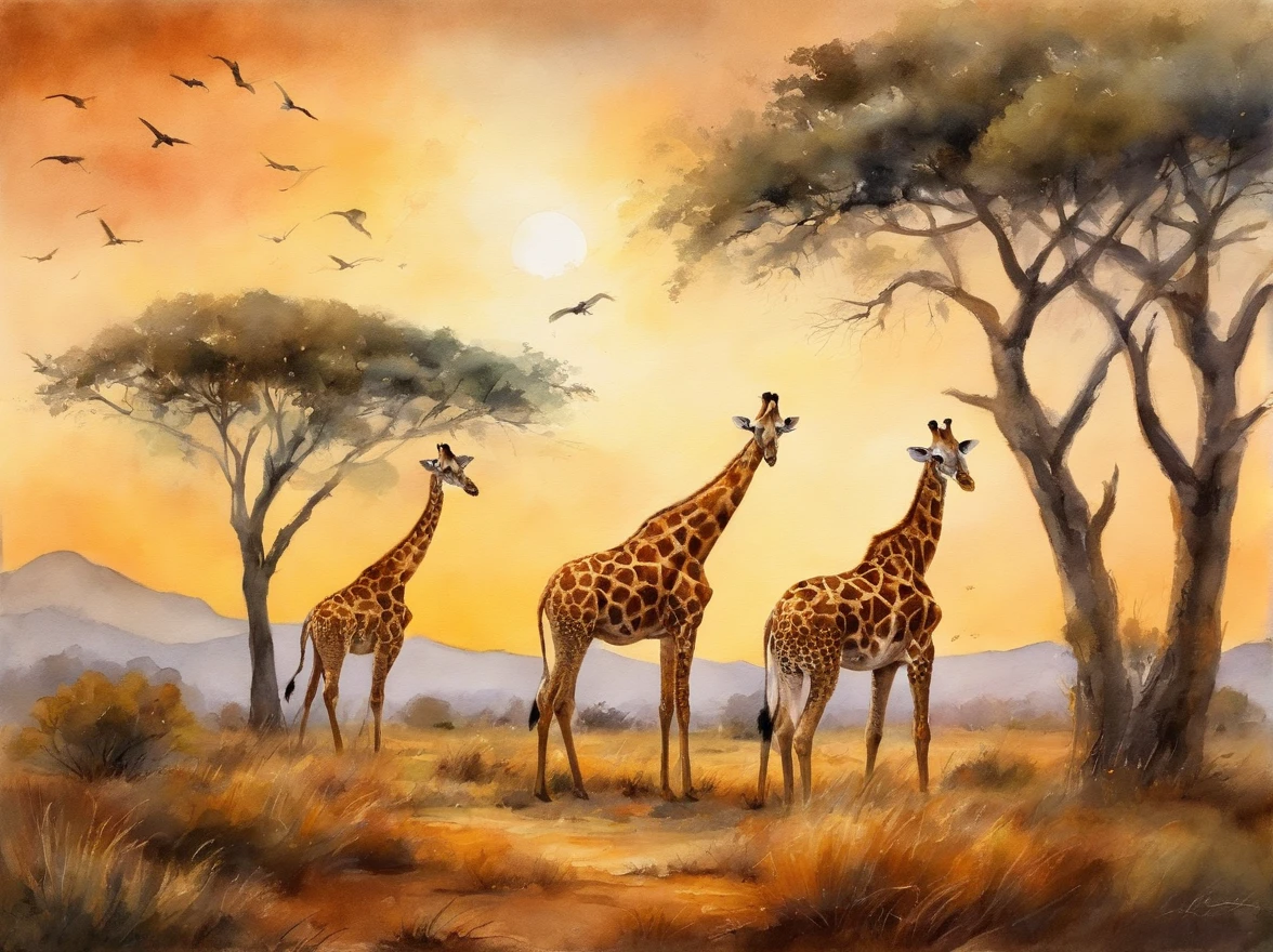 painting of two giraffes in a field with trees and sunrise, landscape artwork, african savannah, african steppe, african landscape, savannah, detailed gouache paintings, watercolor painting style, detailed watercolor painting, watercolor detailed art, oil paintings, african plains, watercolor painting , watercolor painting, watercolor on canvas, detailed paintings, watercolor art, landscapes