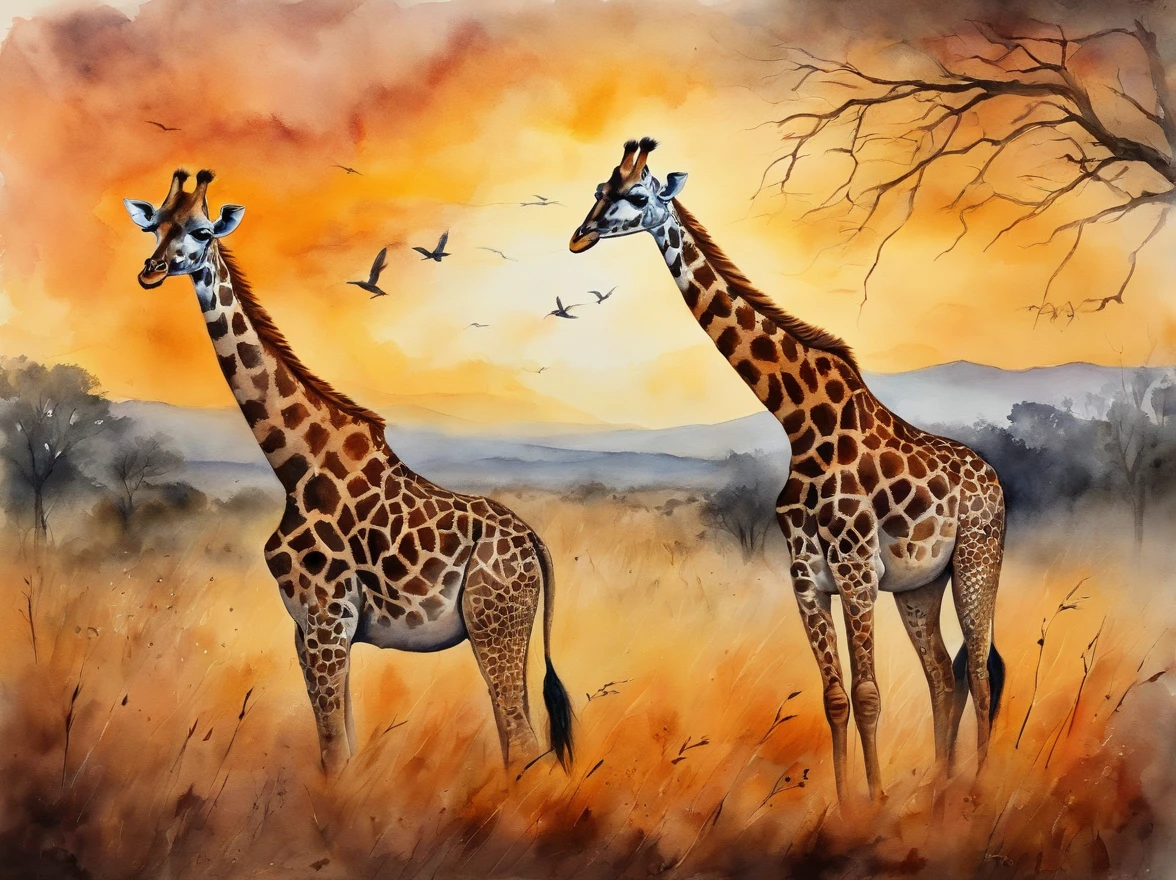 painting of two giraffes in a field with trees and sunrise, landscape artwork, african savannah, african steppe, african landscape, savannah, detailed gouache paintings, watercolor painting style, detailed watercolor painting, watercolor detailed art, oil paintings, african plains, watercolor painting , watercolor painting, watercolor on canvas, detailed paintings, watercolor art, landscapes
