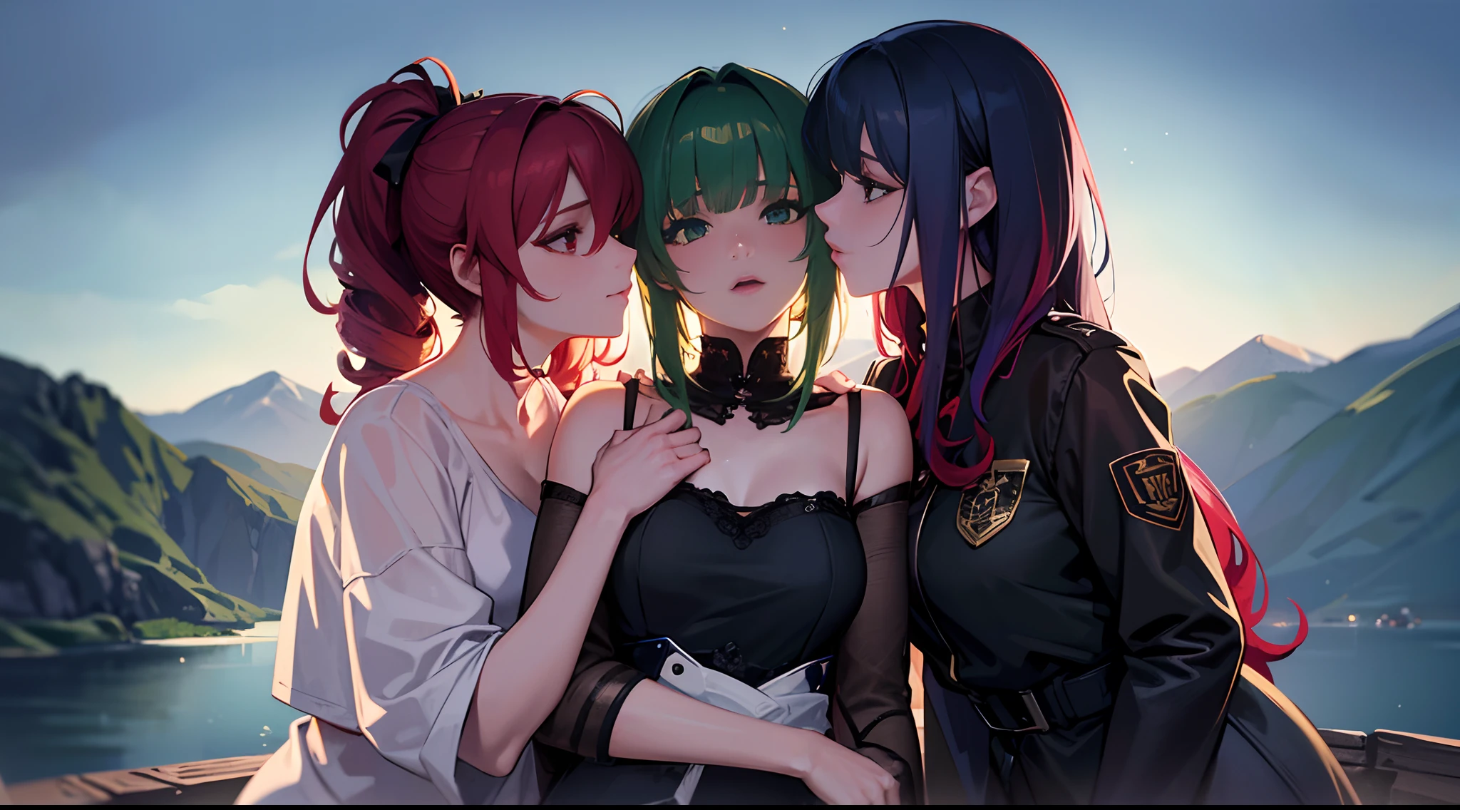 masterpiece, lots of detail, 4k, 8k, ((ultra-detailed)), highres, 2girls, jacket, kissing, pale moonlight, hill, night, distant terrain, {red hair|green hair|black hair|blue hair}, {ponytail|short hair|long hair|curly hair}
