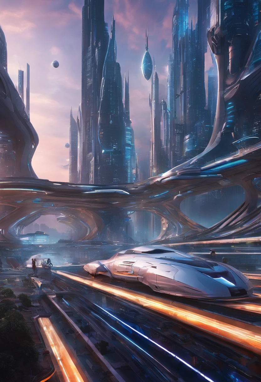 futuristic city with futuristic train and futuristic buildings at night, future concept art, otherwordly futuristic city, in fantasy sci - fi city, beautiful city of the future, futuristic utopian city, concept art 8 k resolution, concept art 8k resolution, city of the future, futuristic space port, concept art 8 k, sci-fi hollywood concept art