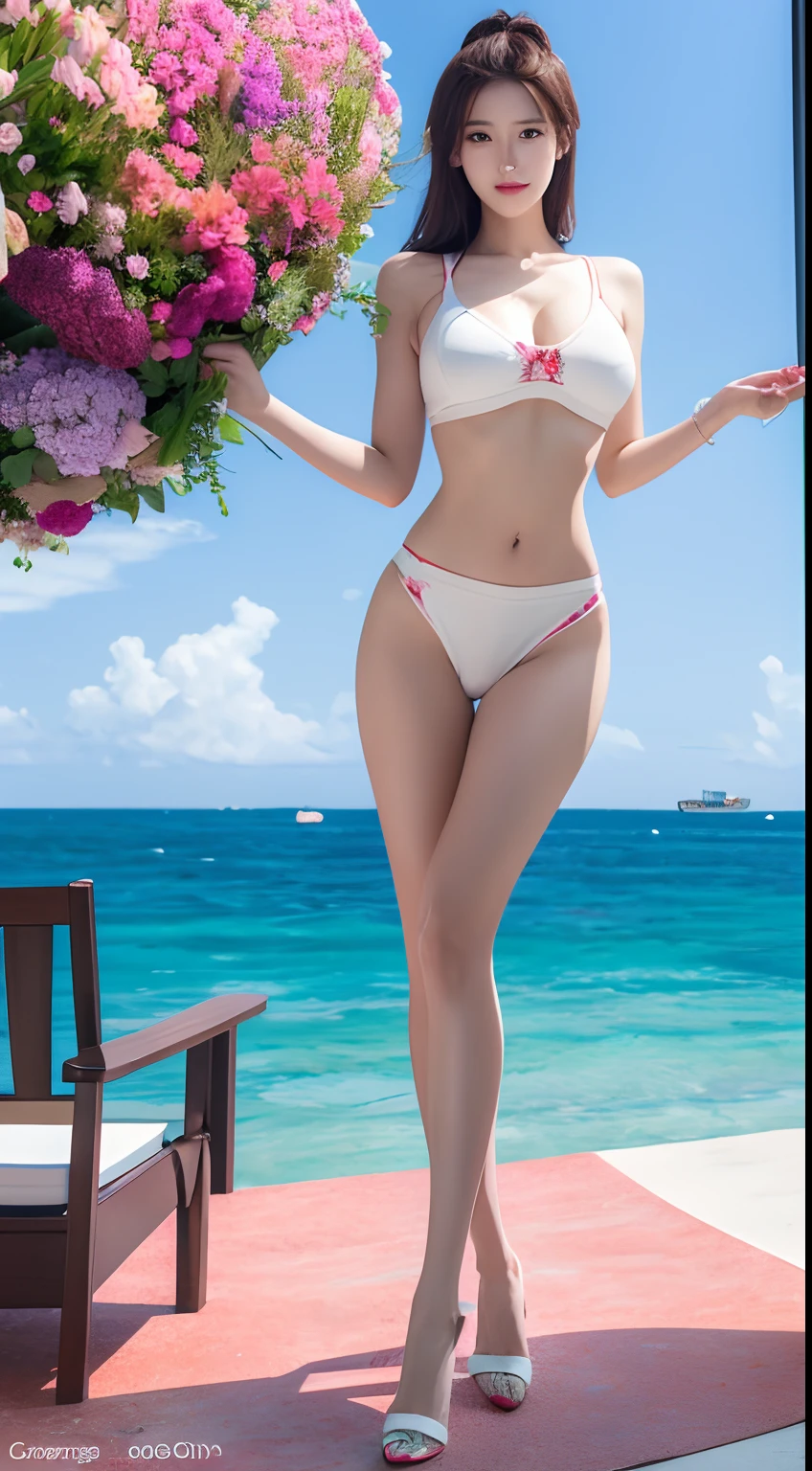 (Masterpiece), (Excellent), (Extremely fine), 比基尼, Square, spectator, Dragon tail horn, Full body, Flowers, Streamers, Clouds,full bodyesbian,perfect bodies