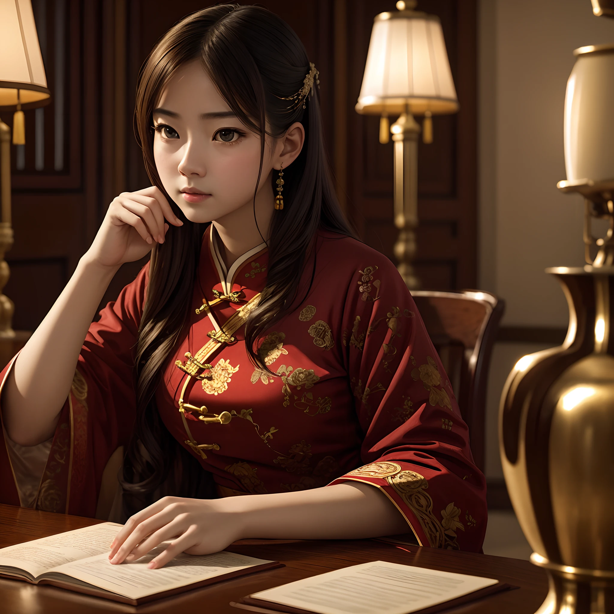 from movie still, depth of field, Piece of art, masterpiece, Super Detail, High quality, award winning, 8K, Photorealistic, girl, solo, in the traditional chinese study room, historic, portrait style, At night, beautiful lighting, Elegant, detailed fingers