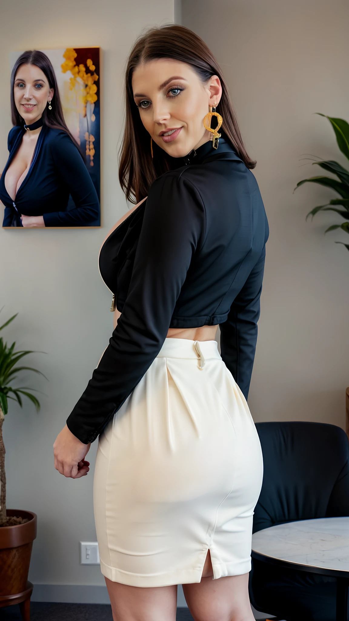 a woman walking in the office hall, a white wall, a grey table, plants, sexy poses, blur background, focus, (((masterpiece))), ((best quality)), ((intricate detailed)), ((Hyperrealistic)), absurd res, milf, mature woman, perspective, highly detailed, illustration, 1girl, ((large breasts)), perfect hands, detailed fingers, beautiful detailed eyes, short hair, blonde hair, blue eyes, nametag, CEO, (business outfit:1.2), open blazer, shirt, tight skirt, black choker, earrings, detailed background, bedroom, perfect eyes, seductive eyes, looking at the viewer, from back