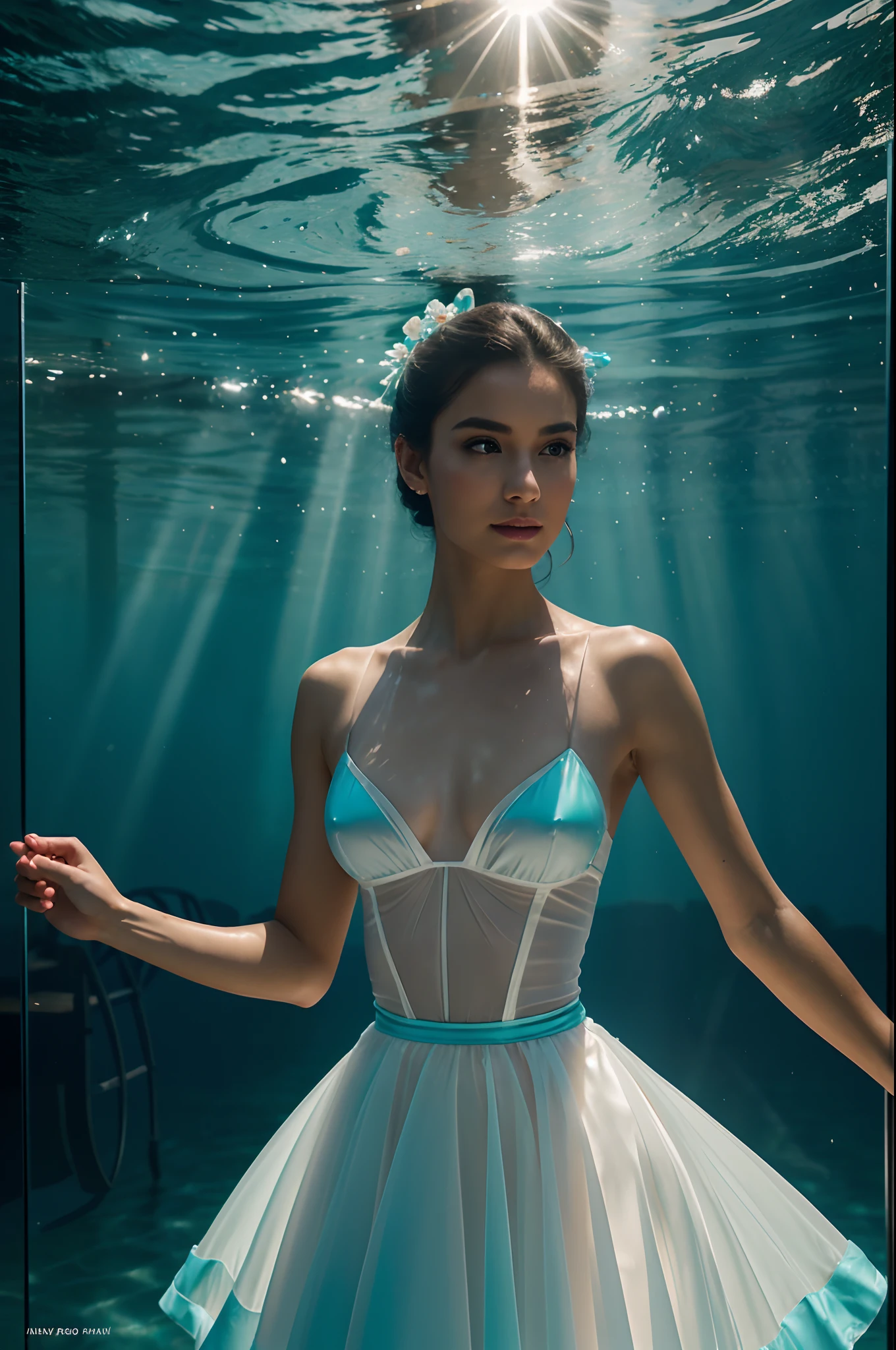 An incredibly beautiful and elegant ballet dancer inside an elegant transparent glass cup crossed by epic rays of sun, composed entirely of a transparent diamond from head to toe and a dress composed of splashes of turquoise blue water, the most beautiful colors , ultra realistic, dark, vibrant, magical and epic fantasy, epic light, the most perfect and beautiful image ever created, image taken with Sony A7SIII camera, 8k, photo, cinematic
