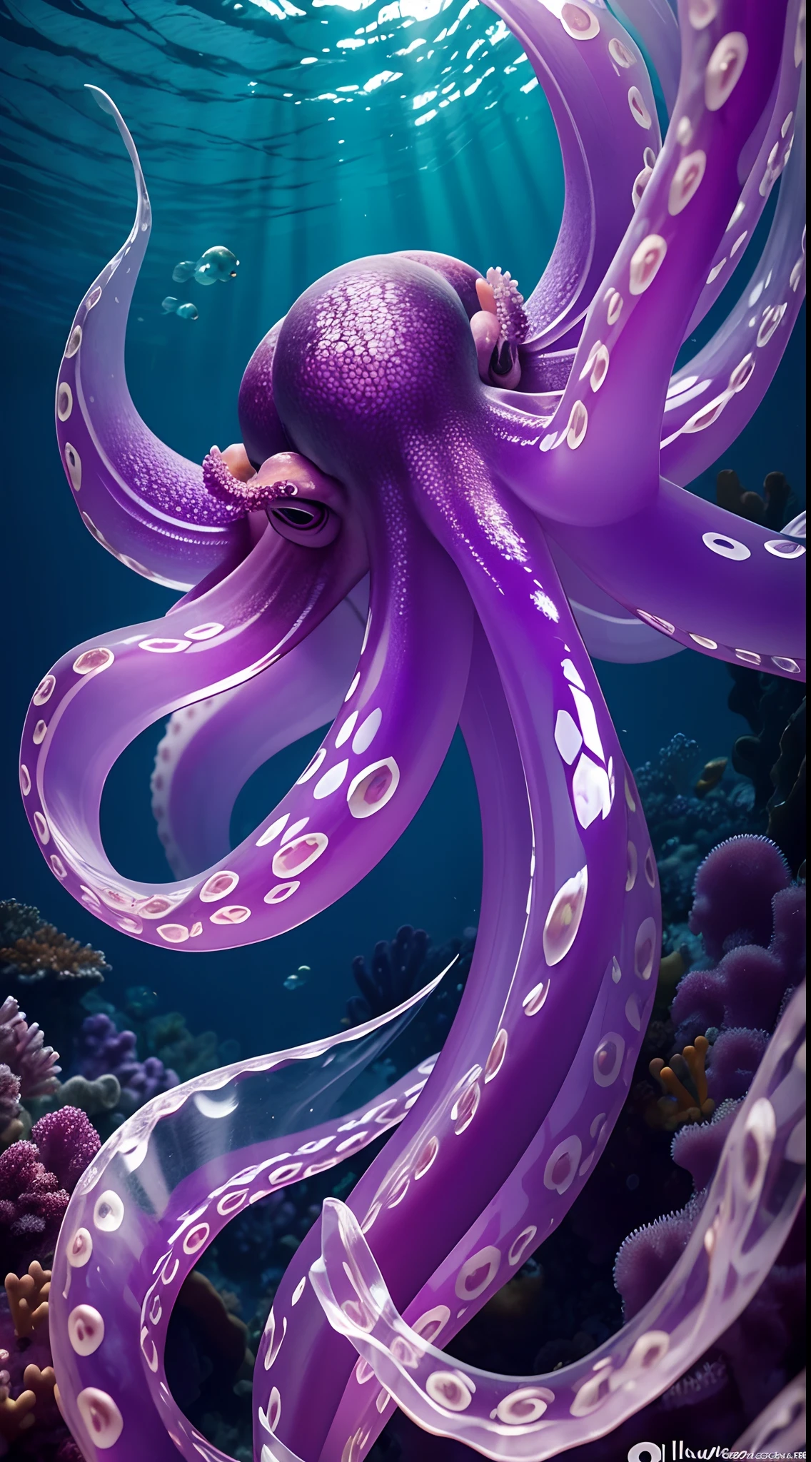 master part, best quality, [(A translucent purple octopus)+(((Vitreous skin)))] ,Luzes no fundo do mar，fundo do mar, fotorrealista, high resolution, circunstanciado, foco nítido