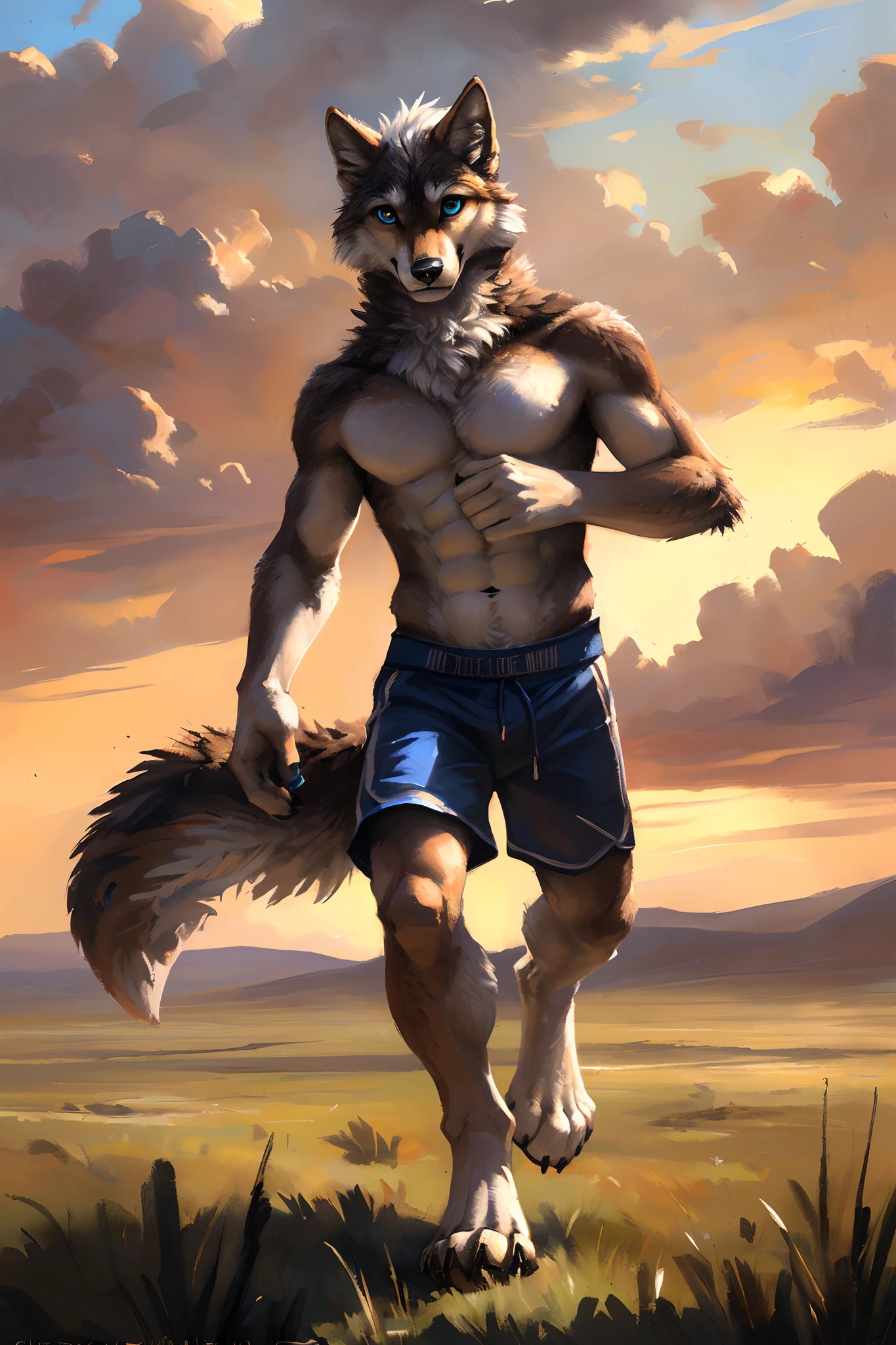 ((Solo)), male people, anthro wolf, (Multi-colored fur, White-brown:1.3), ((Wolf face, White hair, Big eyes, White eyelids, Blue pupil, Slim:1.2) (Tough, Calm expression:1.2)), Abs, Slim, pinging)), (Correct anatomy), (Work shorts:1.1), (Contour bone:1.2), The upper body is naked, (detailed outfits),A big tail,Feet,(Realistic fur, Detailed fur texture, labeled:1.3)), (Natural lighting), Photorealistic, Hyperrealistic, ultradetailed, by Kenket,Endless grasslands,No artificiality,erect through,Running on