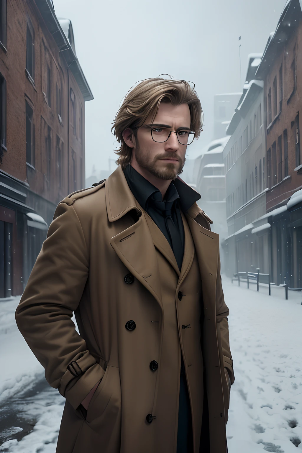 "(best quality,4k,8k,highres,masterpiece:1.2),ultra-detailed,(realistic,photorealistic,photo-realistic:1.37),portrait,man in a long brown trench coat,shaggy blonde hair,very little facial hair,wearing spectacles,gloomy atmosphere,snow covered,snowing,dark shadows,dim lighting, sad expression on the man's face"