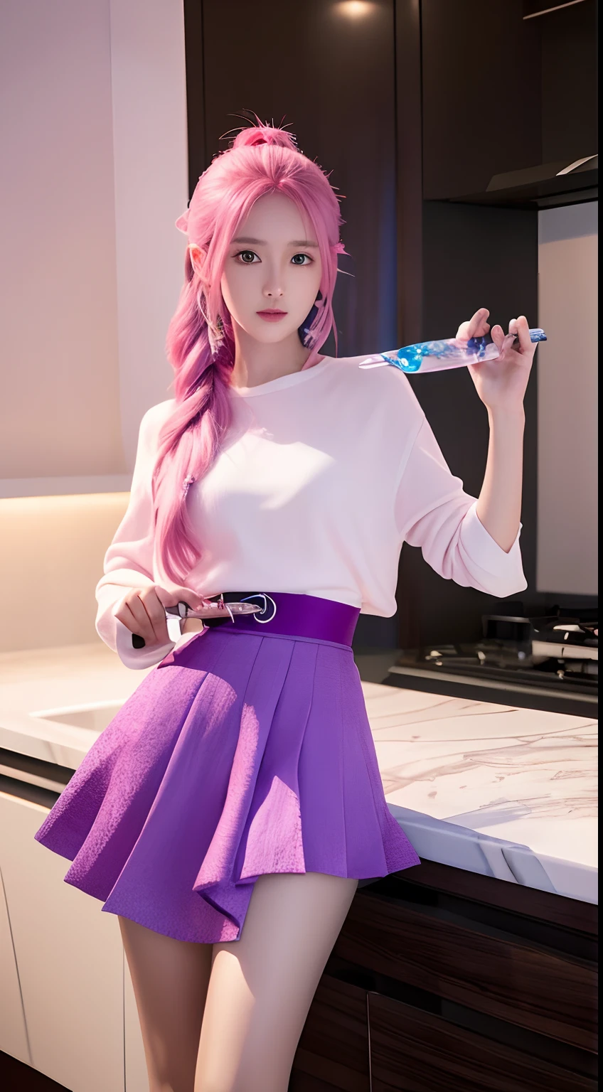 extreme hight detail, Flawless, Aerial view, Like a work of art, Anime girl holding ice sword, Pink hair and purple long skirts complement each other, Gaze at Ayaka Genshin in the distance, Lead us into the world of Genshin.