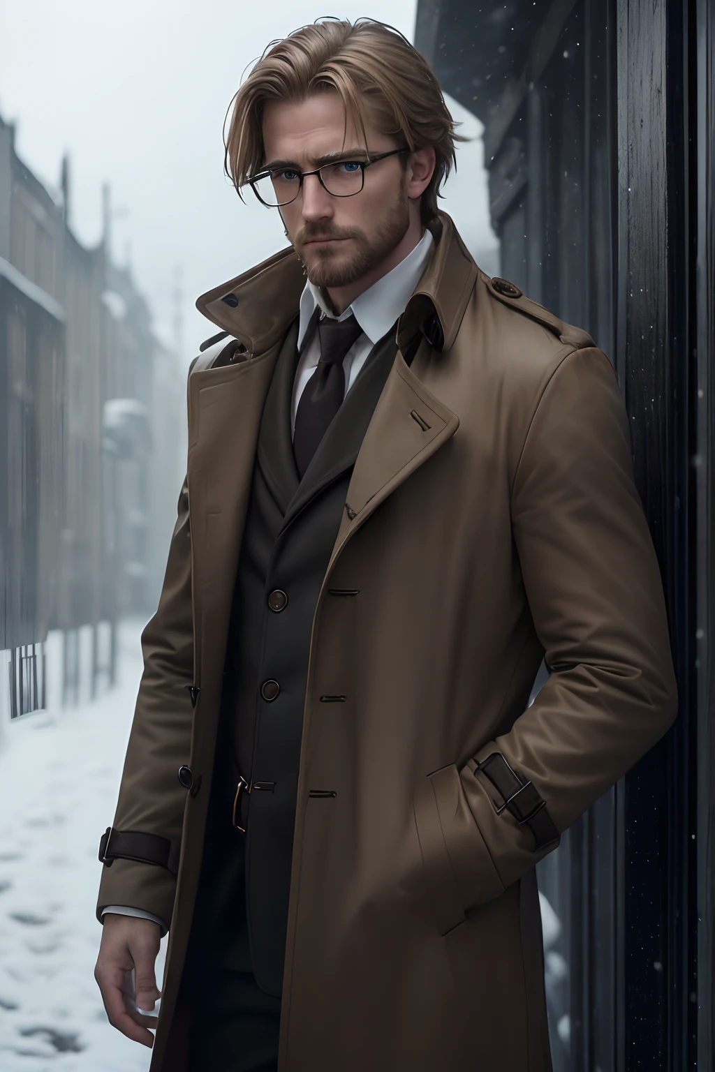 "(best quality,4k,8k,highres,masterpiece:1.2),ultra-detailed,(realistic,photorealistic,photo-realistic:1.37),portrait,man in a long brown trench coat,shaggy blonde hair,very little facial hair,wearing spectacles,gloomy atmosphere,snow covered,snowing,dark shadows,dim lighting, sad expression on the man's face"