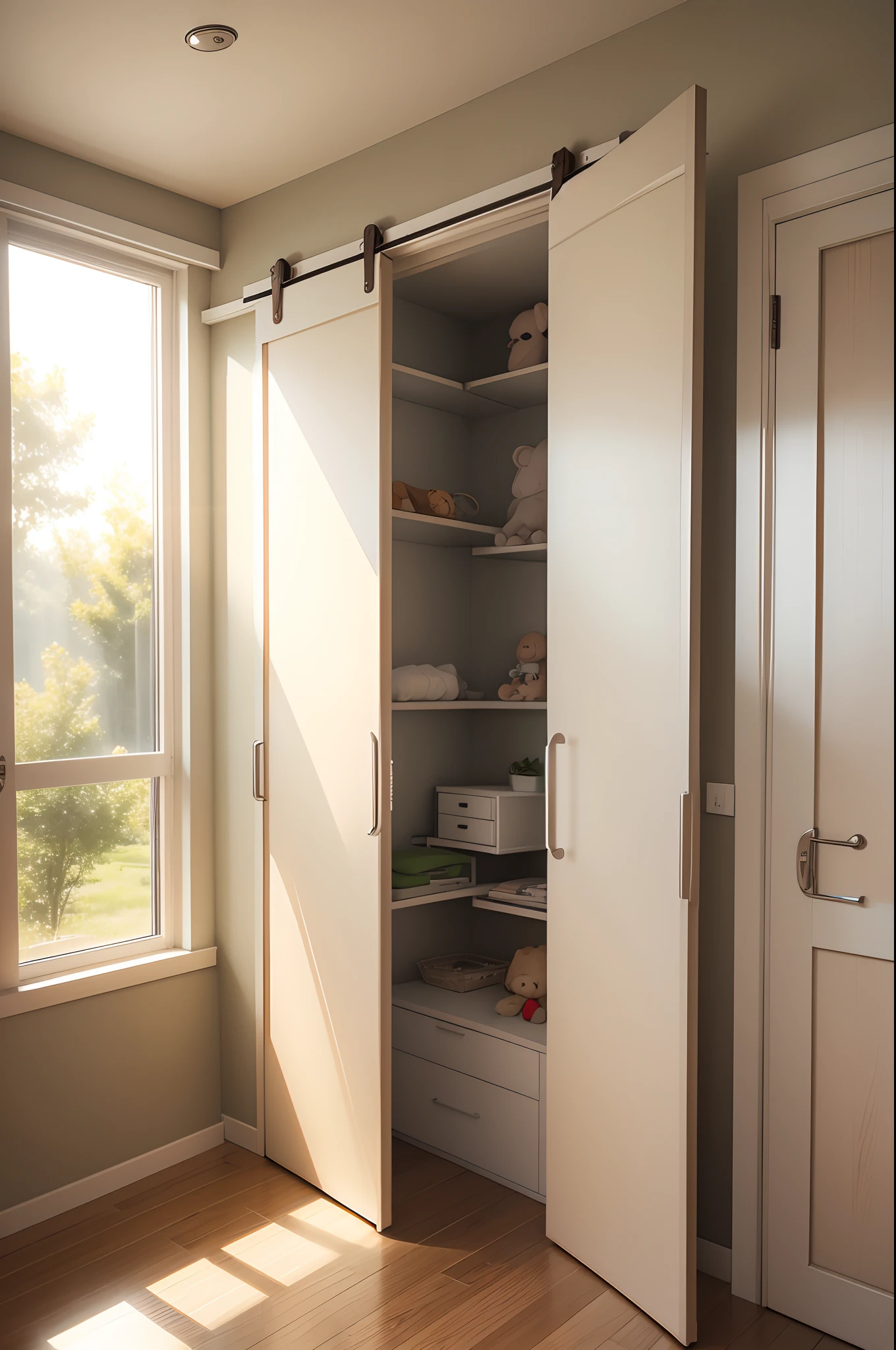 Sliding door wardrobe in the middle,Flush wall,children's,ssmile,rays of sunshine,window,a chair,Leisure
