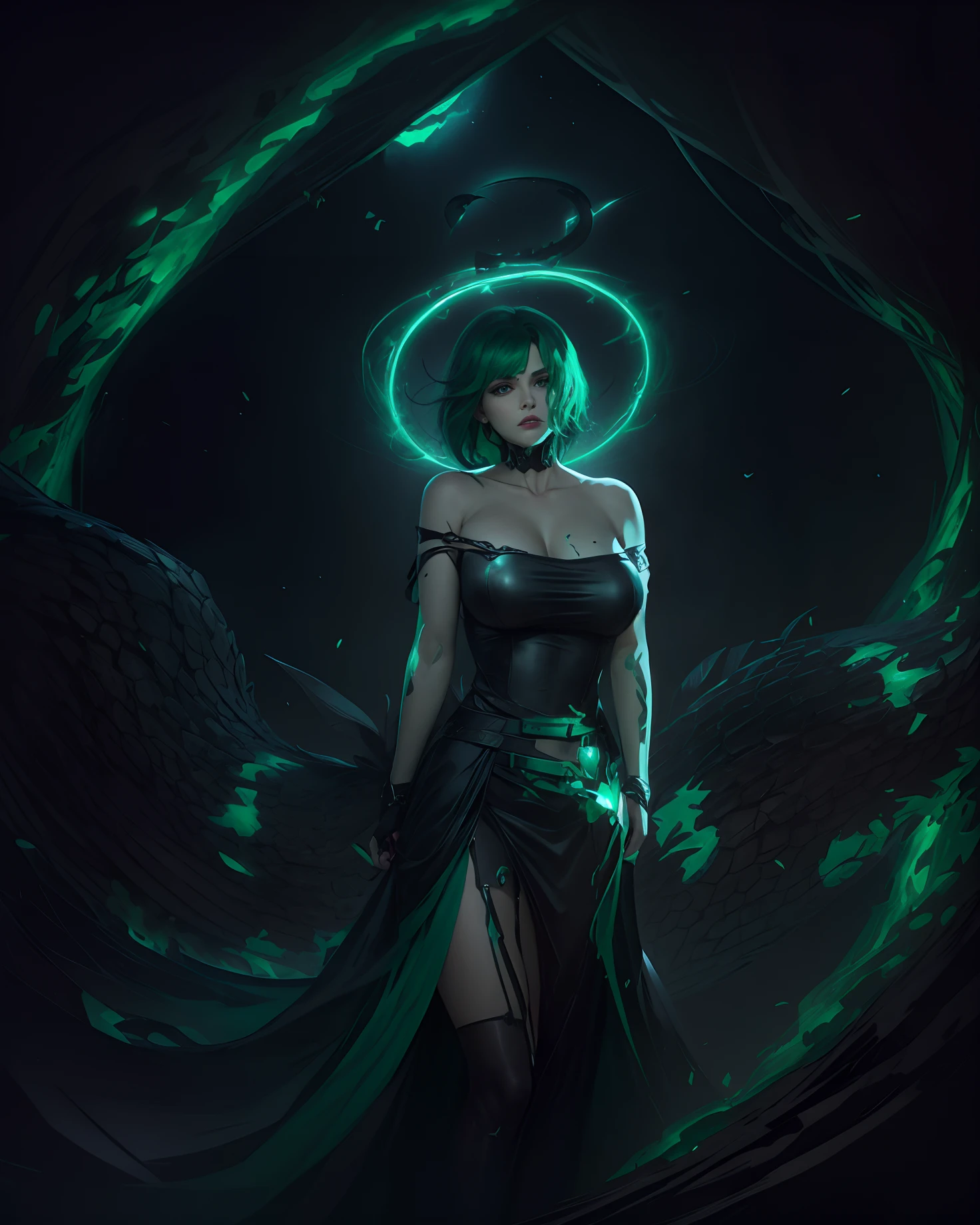 Mulher de costas para o espectador, Daughter of darkness, enorme serpente, halo green hair