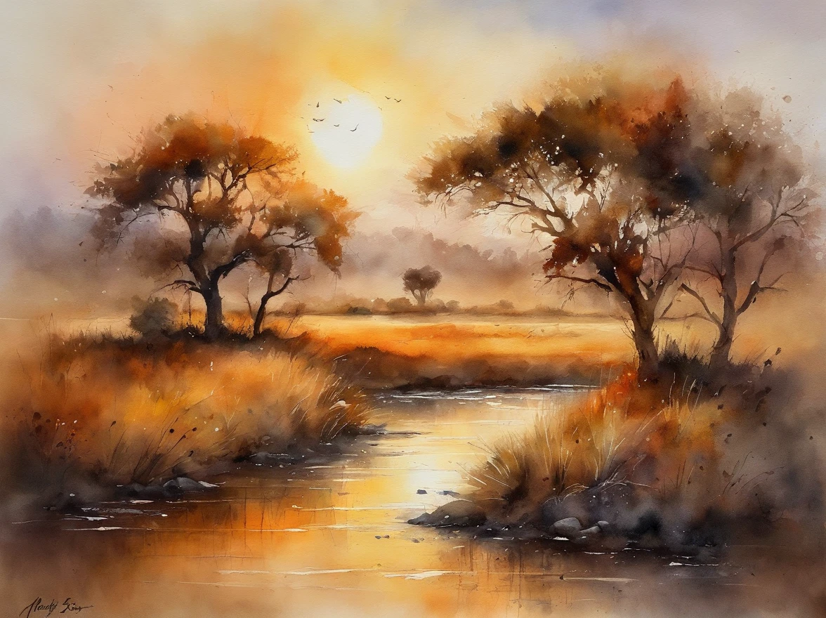 trees and sunrise, painting of four lions by the river, landscape artwork, african savannah, african steppe, african landscape, savannah, detailed gouache paintings, watercolor painting style, detailed watercolor painting, watercolor detailed art, oil paintings, african plains, watercolor painting , watercolor painting, watercolor on canvas, detailed paintings, watercolor art, landscapes