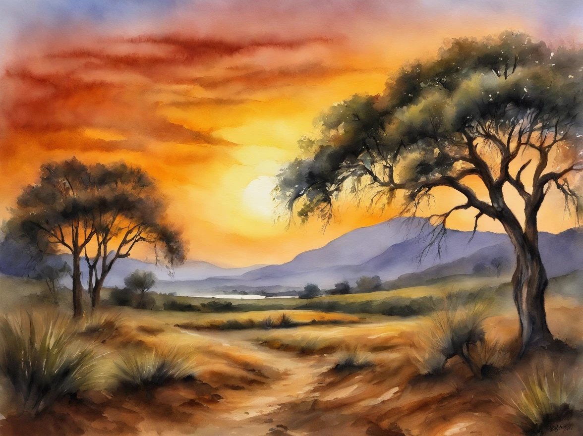 trees and sunrise, painting of four lions by the river, landscape artwork, african savannah, african steppe, african landscape, savannah, detailed gouache paintings, watercolor painting style, detailed watercolor painting, watercolor detailed art, oil paintings, african plains, watercolor painting , watercolor painting, watercolor on canvas, detailed paintings, watercolor art, landscapes