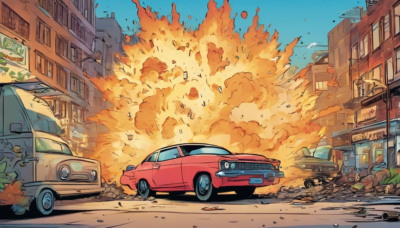 2 car crashing in each other, big explosion in background, city, cartoon style
