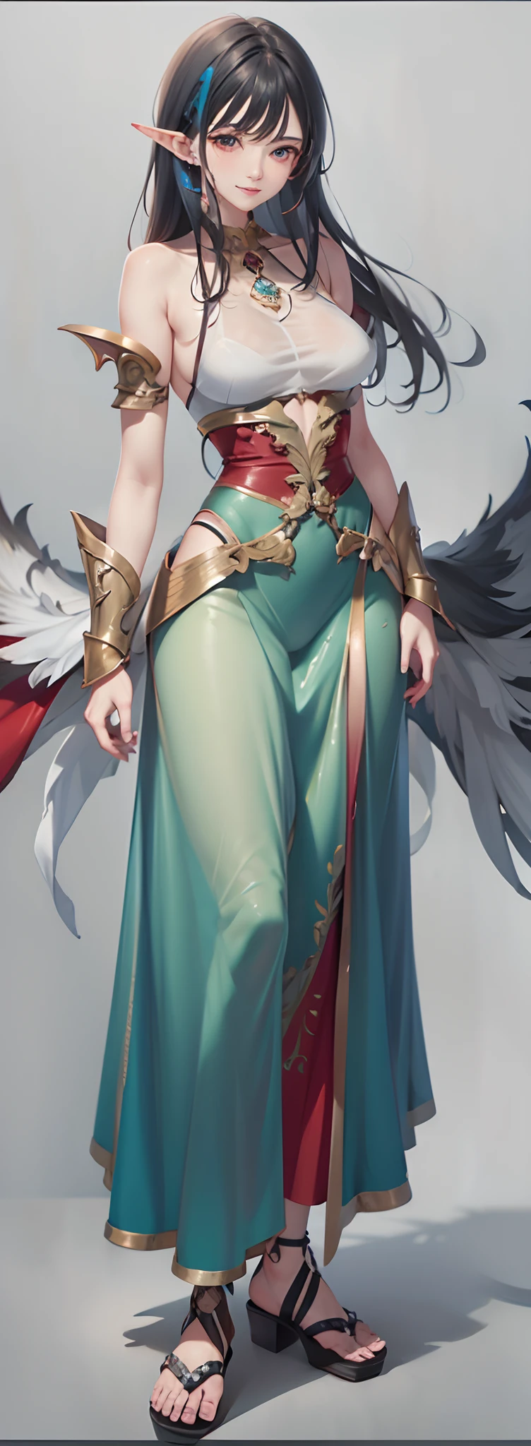 red and blue two-color hair,hentail realism, shadowing,，character sheets, reference sheet, Standing painting, 8K, Super detail, 1080p, Women's HD，Female elf，Elves，femele, 16k, A high resolution, Best quality, High quality, Anatomically correct, Masterpiece, ccurate, hyper HD，As graceful as a swan，unreal-engine， Ghibli-like colors,   anime big breast,  Standing painting, angle of view,battle armor，ssee-through，