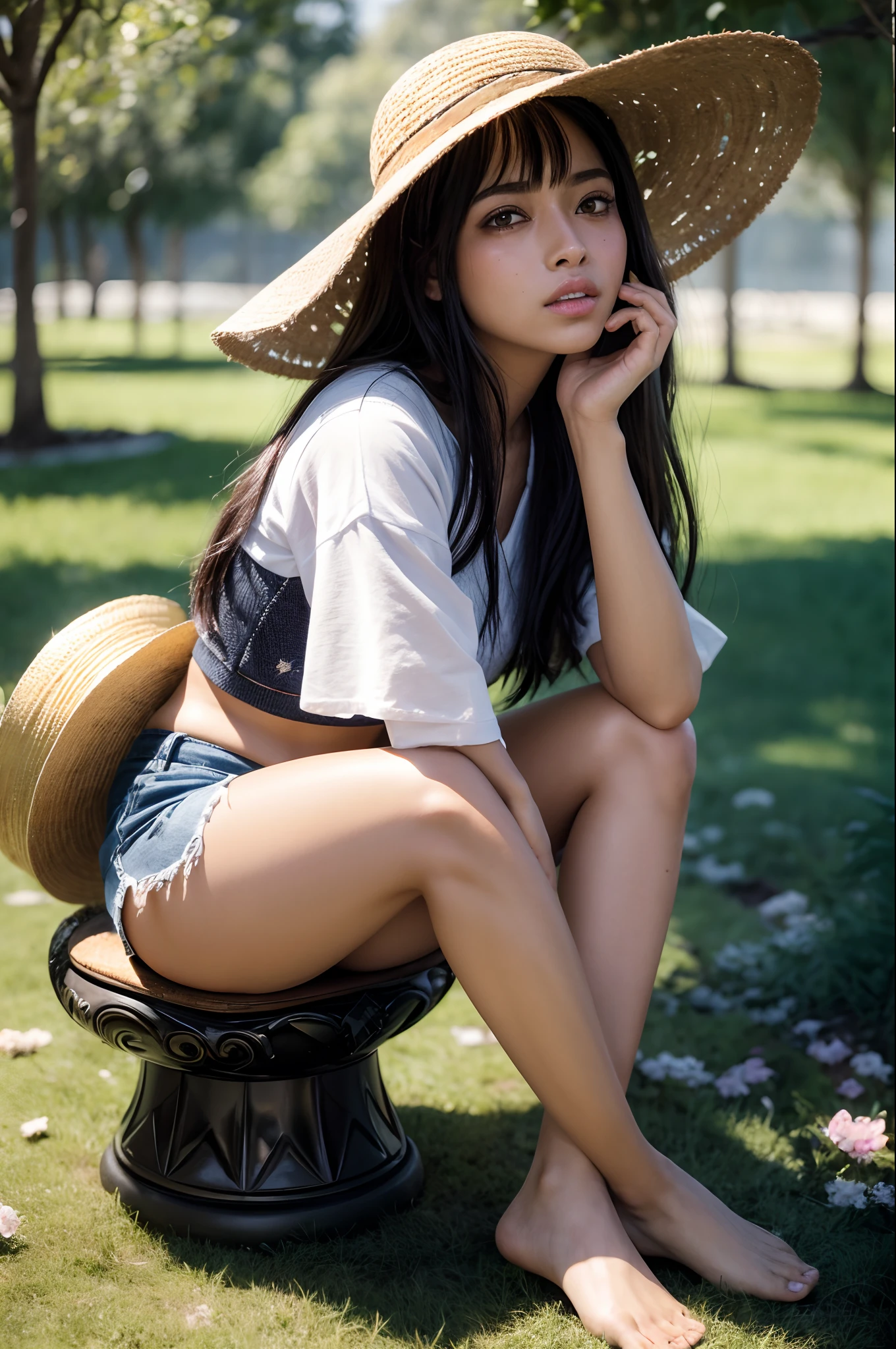 1girl, transparent white summer look, jeans shorts, straw hat, bare feet, blonde hair, olhos azuis, corpo inteiro, Style-Petal, Trees background, dia ensolarado, olhos perfeitos, perfect hands, ultra high-resolution, cinematic angle, professional lighting, best quality, master part, side-lighting, Sharp, Foco perfeito, Bokeh, fotorrealista, (belos olhos finamente detalhados: 1.3), Realistic, (Rosto 3D:1.1), (Pele Lustrosa:1.5), (ultra high res intricate face details), (poros da pele do rosto:1.3), ultra high res cloth texture, Detalhes do olho 8k, 8K Alunos,