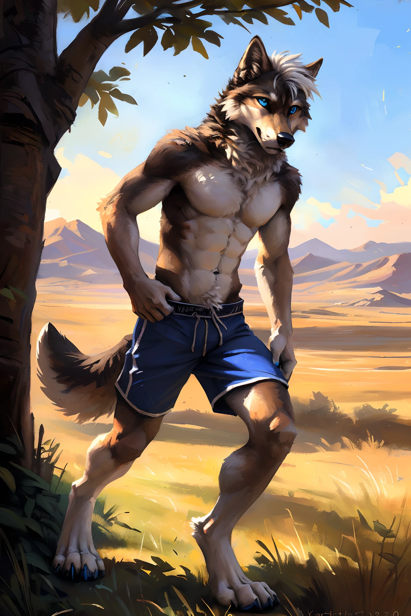 ((Solo)), male people, anthro wolf, (Multi-colored fur, White-brown:1.3), ((Wolf face, White hair, Big eyes, White eyelids, Blue pupil, Slim:1.2) (Tough, Calm expression:1.2)), Abs, Slim, pinging)), (Correct anatomy), (Work shorts:1.1), (Contour bone:1.2), The upper body is naked, (detailed outfits),A big tail，Feet，(Realistic fur, Detailed fur texture, labeled:1.3)), (Natural lighting), Photorealistic, Hyperrealistic, ultradetailed, by Kenket，Endless grasslands，No artificiality，erect through，Running on