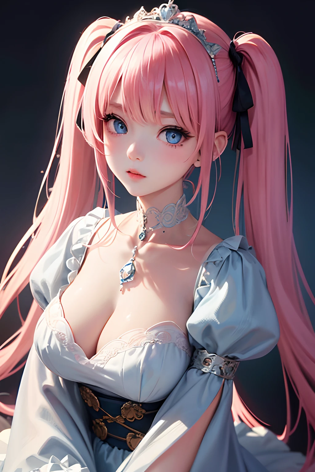 1girl in、looking at the viewers、
The upper part of the body、Beautiful blue eyes、Twin tails pink hair color、Moles under the eyes、Plump and glossy lips、Heart-shaped choker、。.。.。.。.。.。.。.。.。.。.。.。.。.。.。.。.。.。.3D、realisitic、
excessively frilled princess dress、draped clothes、jewely、ornament detached、florals、Lace trim、
​masterpiece、top-quality、8K、detailed skin textures、Detailed Cloth Texture、beautifull detailed face、intricate-detail、ultra-detailliert、
Rim lighting、Side lighting、ciinematic light、超A high resolution、8K UHD、film grains、Best Shadow、delicated、gazing at viewer、front facing