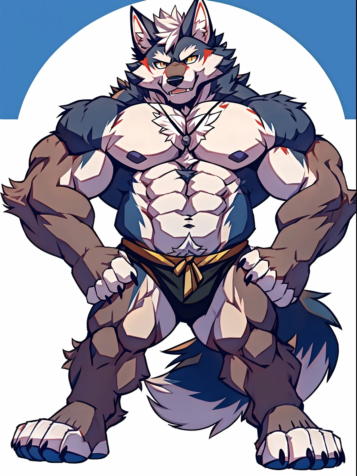 Human-wolf,musculous,Hairy all over,clawed paws,erect through