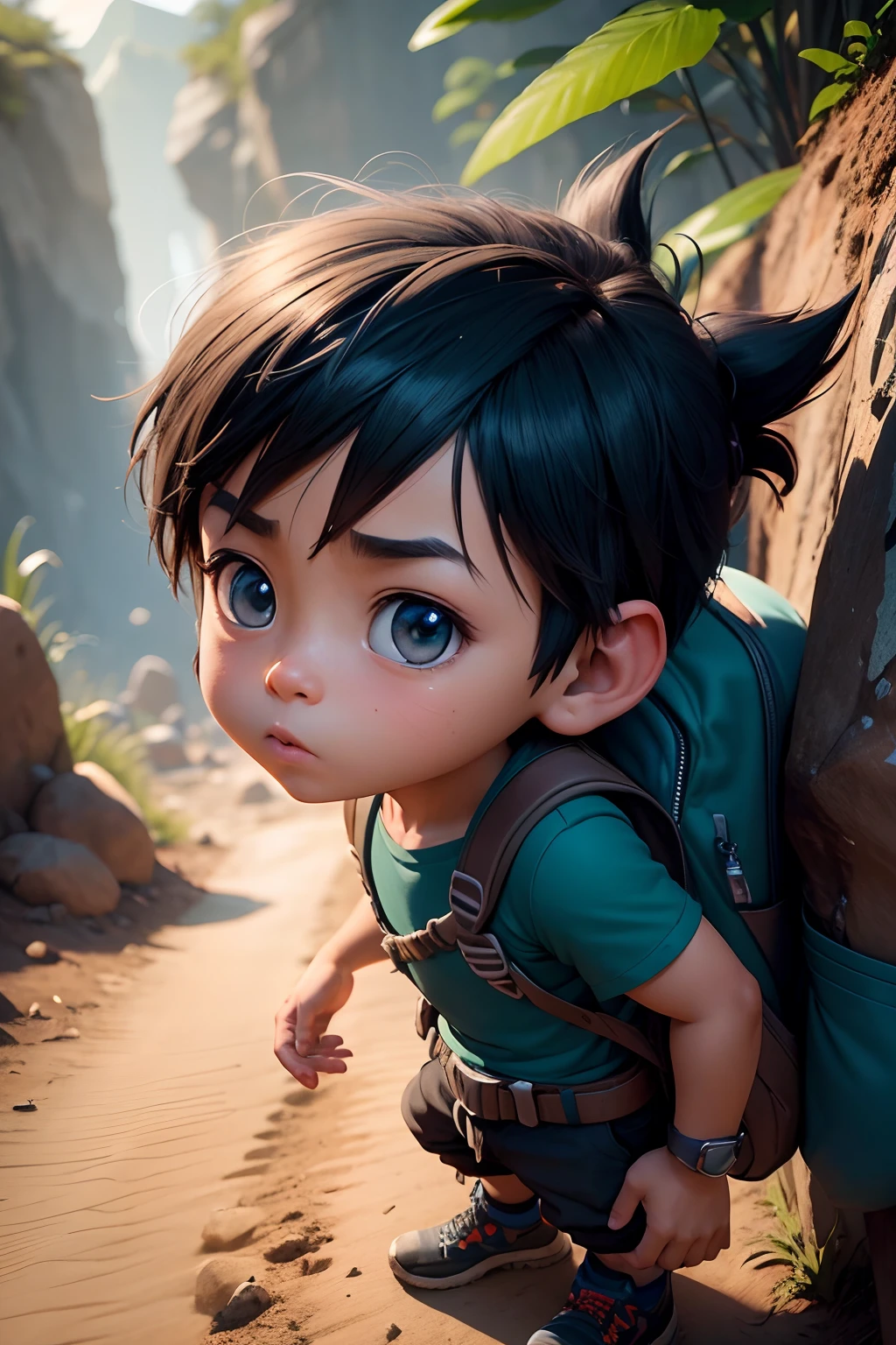 a close up of a cartoon boy with a backpack on a dirt road, a picture inspired by Rudy Siswanto, trending on Artstation, sumatraism, animated film, avatar image, animated movie, 3 d animated movie, animation film, pixar portrait 8 k photo, maya 8 k, lucas arts adventure, fanart, small character. unreal engine 5