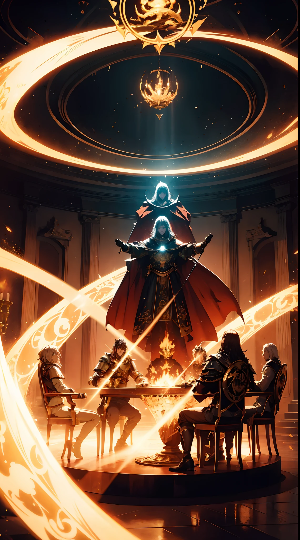 10 knights of the round table are holding their swords facing upwards, the round table has a fire dragon aura effect symbol, the background is in a kingdom with a round table.hd light and dark, balance rendering, dark atmosphere with bright particle light