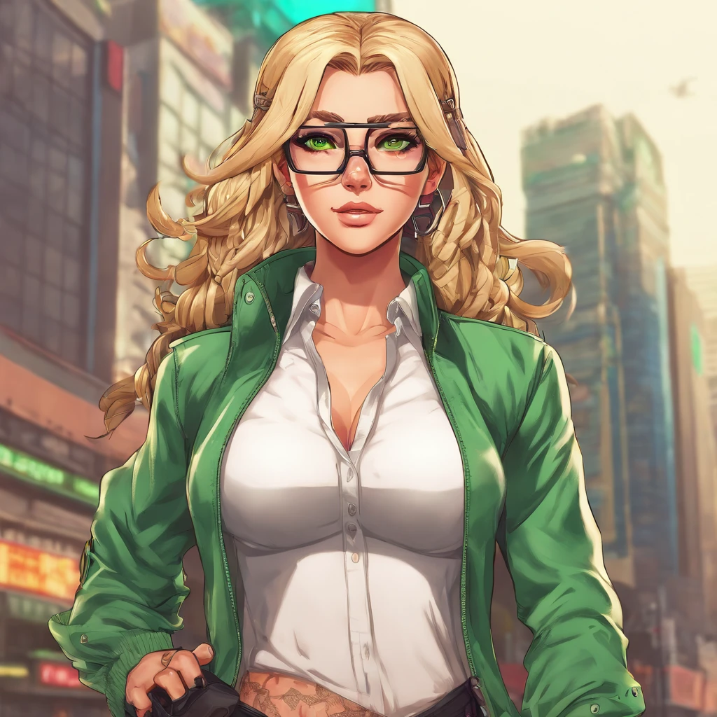 videogame Action Taimanin, character Emily Simmons, White and black wick outfit , wears transparent square frame glasses, European race, Green eyes, hyper detailed, A good artist, good anatomy, blonde with a long braid, white shoes, Black details on the hips, intricate details, Cutesexyrobutts, Mechanized Girl, Android Heroine, full body zenkai! full - body, 8K, hyper realistic, best quality, [glued fingers:1.4], [bad hands:1.4]