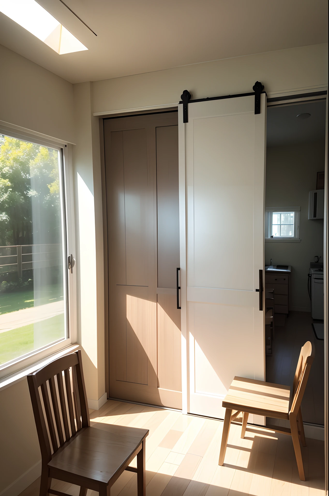 Sliding door wardrobe in the middle，Flush wall，children's，ssmile，rays of sunshine，window，a chair，Leisure
