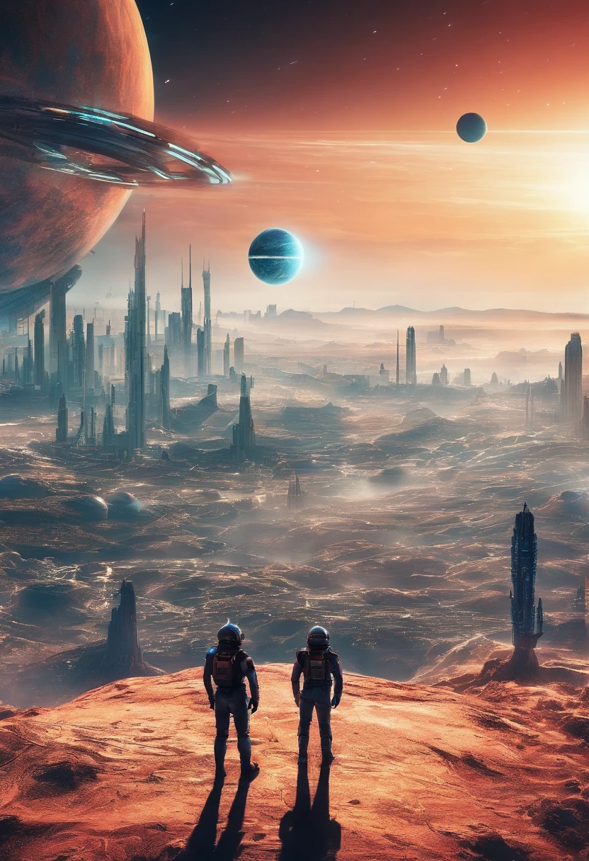 A shot of a small planet, with a city in the distance.