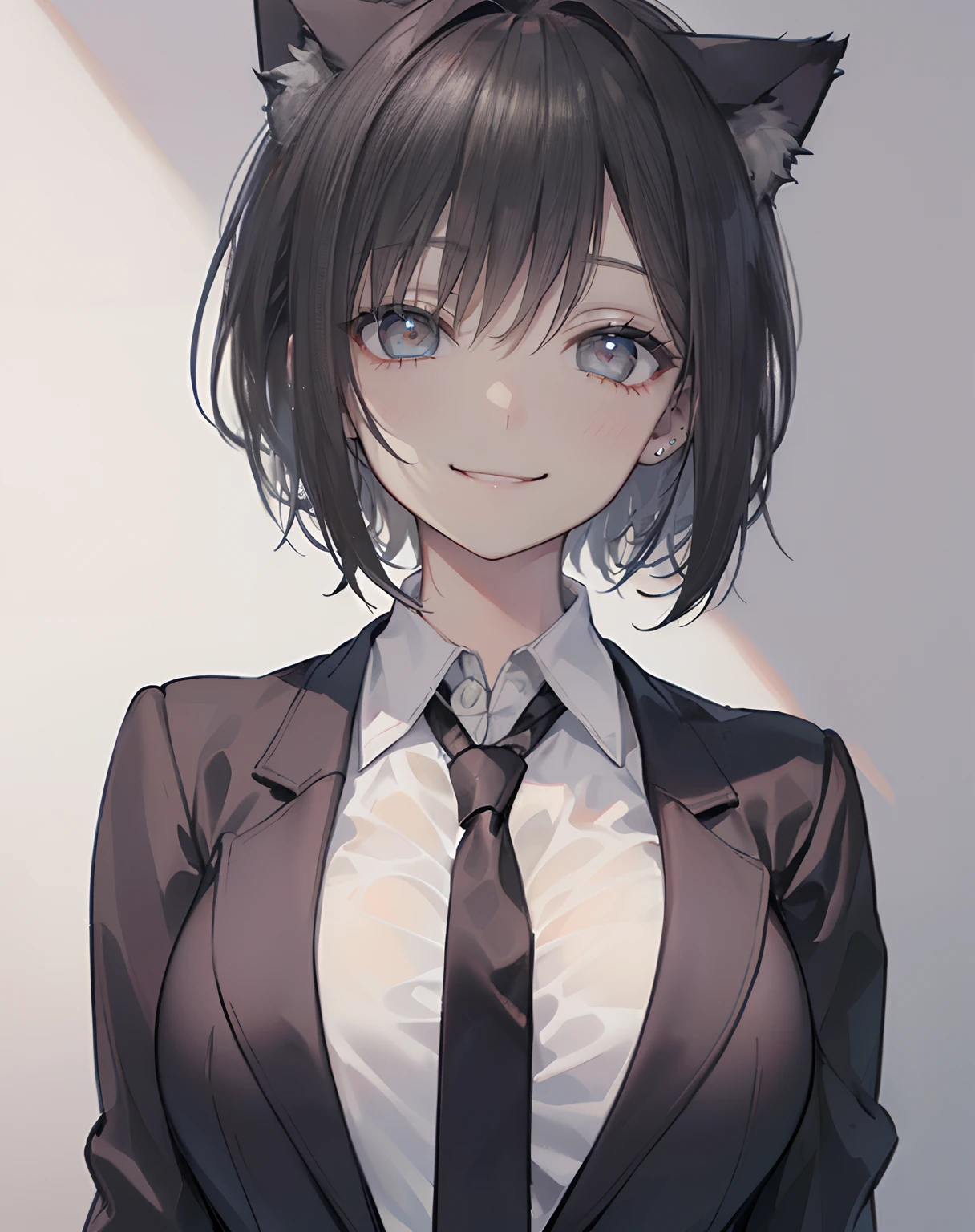 (Photography, extremely detail, best quality, official art, beautiful and aesthetic:1.2),close up, character,solo, attractive,1girl,bangs(short black hair:1.2),cat ears,(grey blazer,white shirt,tie:1.4),(large breast:1.2),(aegyo-sal,opened eyes:1.3),joy expression:1.2,(grin smiling:1.3)blush, cinematic lighting,white seamless background,