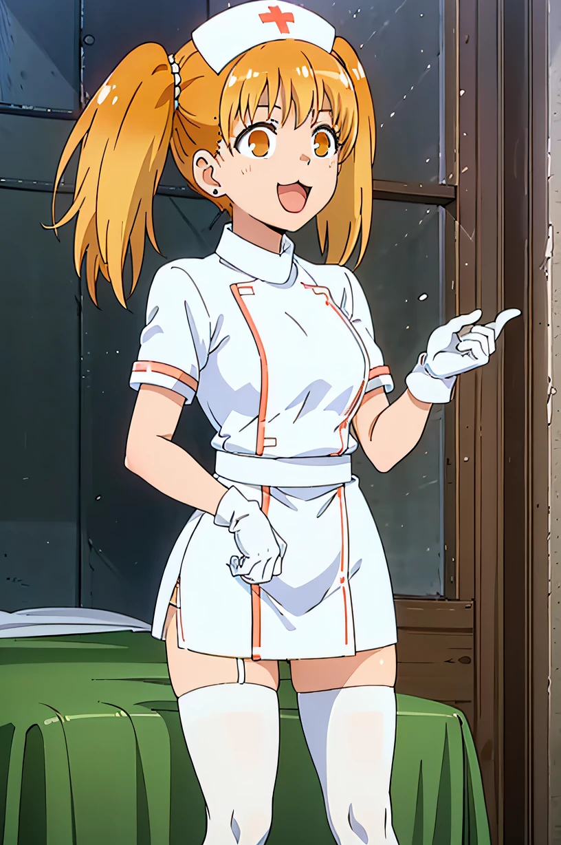 Yoshi, :3, earrings, blonde hair, orange hair, orange eyes, twintails, solo, nurse, ((white nurse cap, white nurse's outfit)), ((white legwear, zettai ryouiki)), white gloves, smile, open mouth, standing, hospital room, sharp outline, short sleeves, best quality, masterpiece