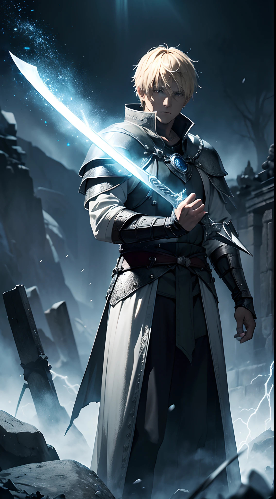 King Arthur Pendragon pulled out the sword Excailibur which was stuck in a stone, beside King Arthur stood members of the 10 knights of the round table,Lightning effects the atmosphere, HD lighting and dark )<=(epic image quality)dark atmosphere with bright particle light(many effects in background)