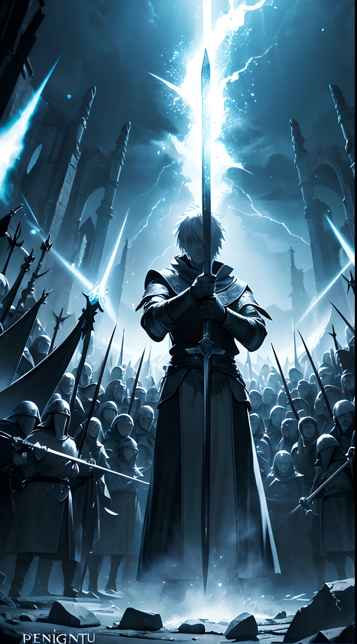 King Arthur Pendragon pulled out the sword Excailibur which was stuck in a stone, beside King Arthur stood members of the 10 knights of the round table,Lightning effects the atmosphere,  HD lighting and dark )<=(epic image quality)dark atmosphere with bright particle light(many effects in background)