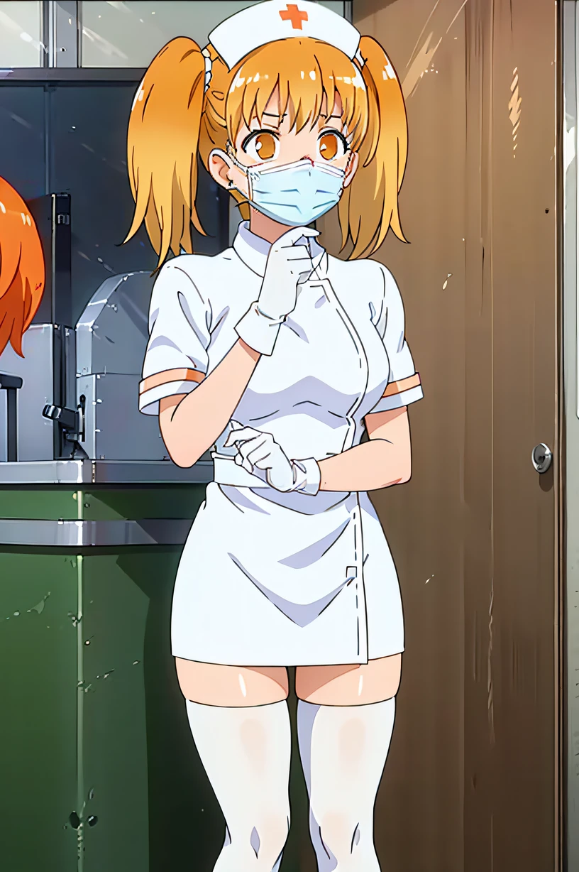 Yoshi, earrings, blonde hair, orange hair, orange eyes, twintails, solo, nurse, ((white nurse cap, white nurse's outfit)), ((white legwear, zettai ryouiki)), white gloves, ((white surgical mask, covered nose)), standing, hospital room, sharp outline, short sleeves, best quality, masterpiece