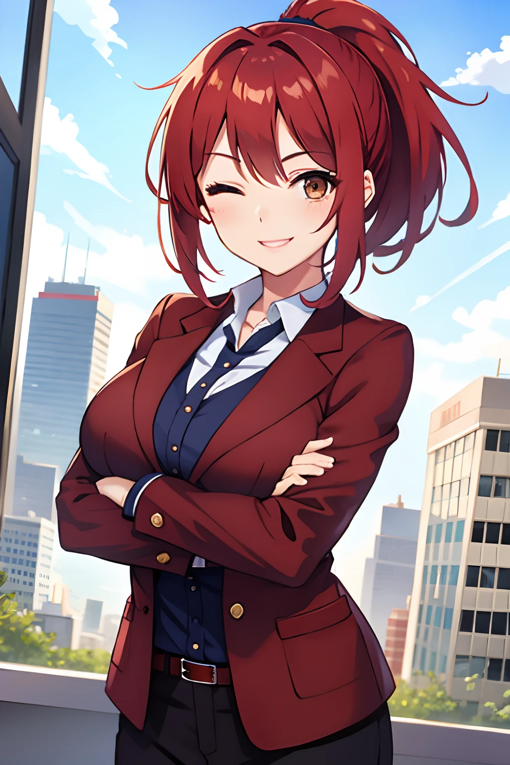 girl, short hair, red hair,(ponytail), brown (eyes one eye closed),happy smile,looking at viewer, big breasts,red office coat,office pants,crossed arms,city at day