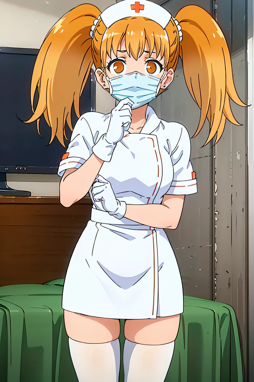 Yoshi, earrings, blonde hair, orange hair, orange eyes, twintails, solo, nurse, ((white nurse cap, white nurse's outfit)), ((white legwear, zettai ryouiki)), white gloves, ((white surgical mask, covered nose)), standing, hospital room, sharp outline, short sleeves, best quality, masterpiece