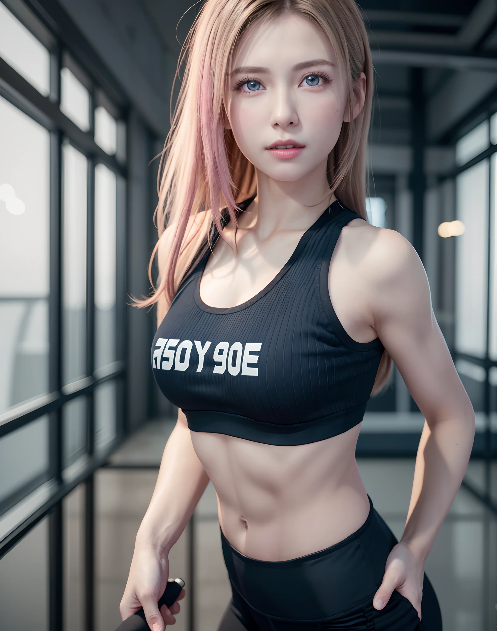 masutepiece, Best Quality, 8K, Photographic Reality, Realistic, Octane Rendering, Japan gym workouts (1 woman: 1.4), (Only one woman in the photo: 1.4), (Long Blonde Hair), (Pink sports vest|black yoga pants), (Blue eyes) Side Display