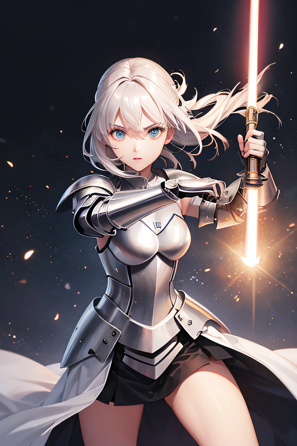Beautiful girl knight in armor,holding a lightsaber in his hand,Attacking posture
