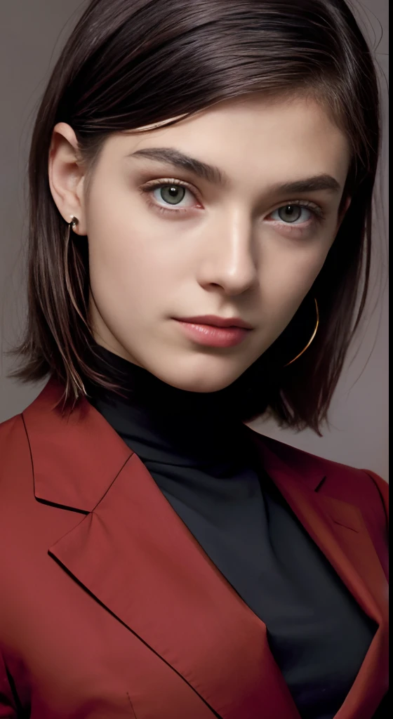 Retrato da europeia, sozinho, 20 anos, rosto bonito, cabelo sobre um olho, medium sidecut, cabelo preto, foco afiado, black business suit, background office
