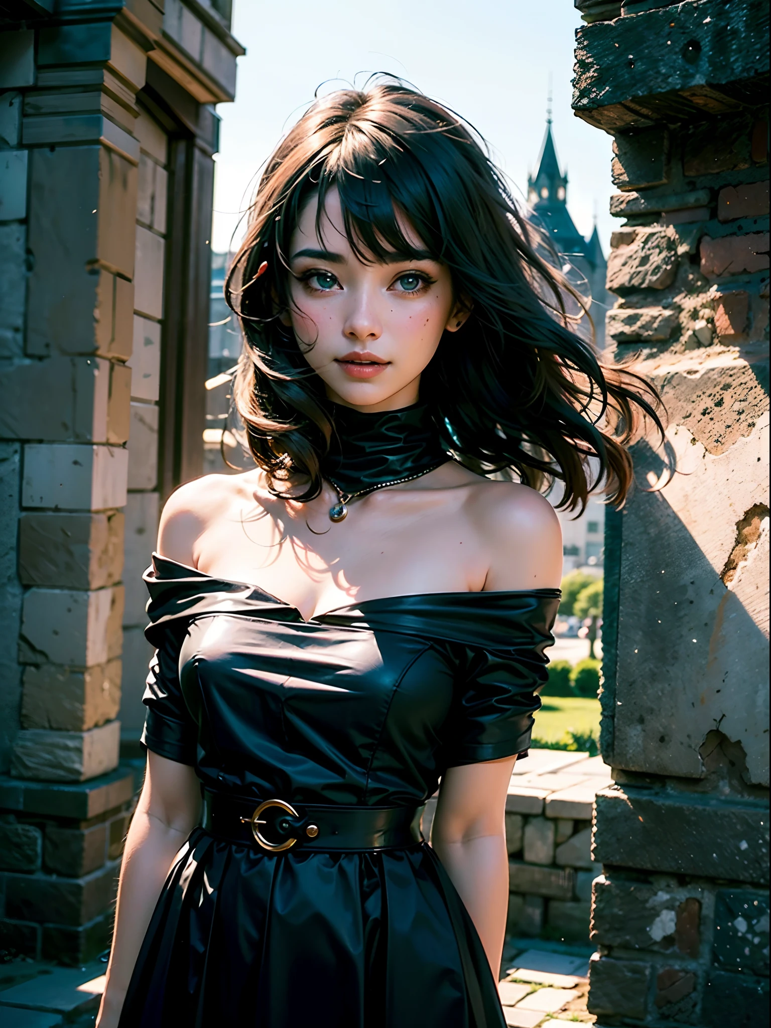(A hyper-realistic)、(illustratio)、(hight resolution)、(8K)、(ighly detailed)、(Best Illustration)、(beautifully detailed eyes)、(top-quality)、(ultra-detailliert)、(​masterpiece)、(wall-paper）、（A detailed face）、独奏、1 girl in、looking at viewert、fine detailed、A detailed face、in the darkness nigth、deep-shadows、lowkey、pureerosfaceace_v1、A smile、long、Black shawl straight hair、46-point diagonal bangs,　（silk dresses、long  skirt）(off shoulders）View of the castle、、Stand against the wall